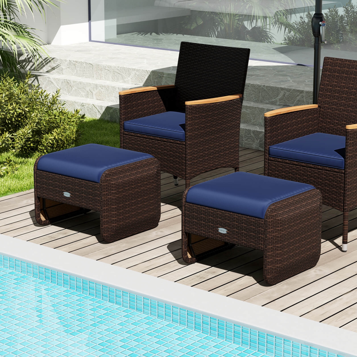 Patiojoy 2 Pieces Outdoor Patio PE Wicker Ottomans with Removable Cushions Footstools Beige/Navy