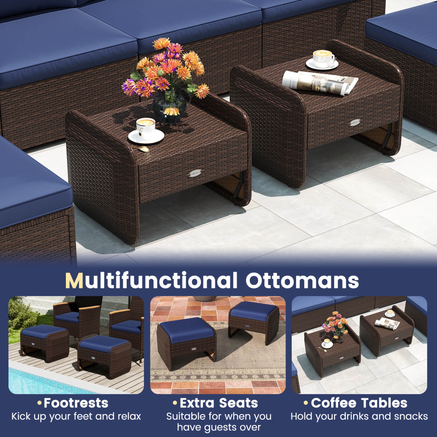 Patiojoy 2 Pieces Outdoor Patio PE Wicker Ottomans with Removable Cushions Footstools Beige/Navy