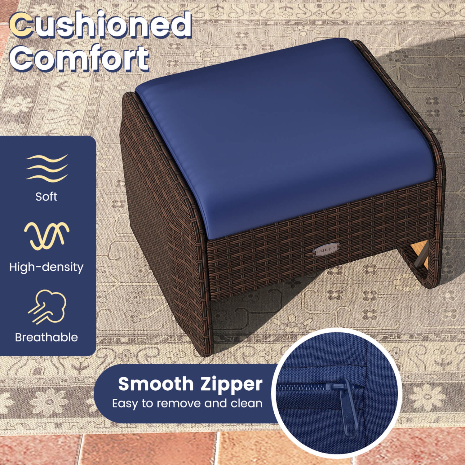 Patiojoy 2 Pieces Outdoor Patio PE Wicker Ottomans with Removable Cushions Footstools Beige/Navy