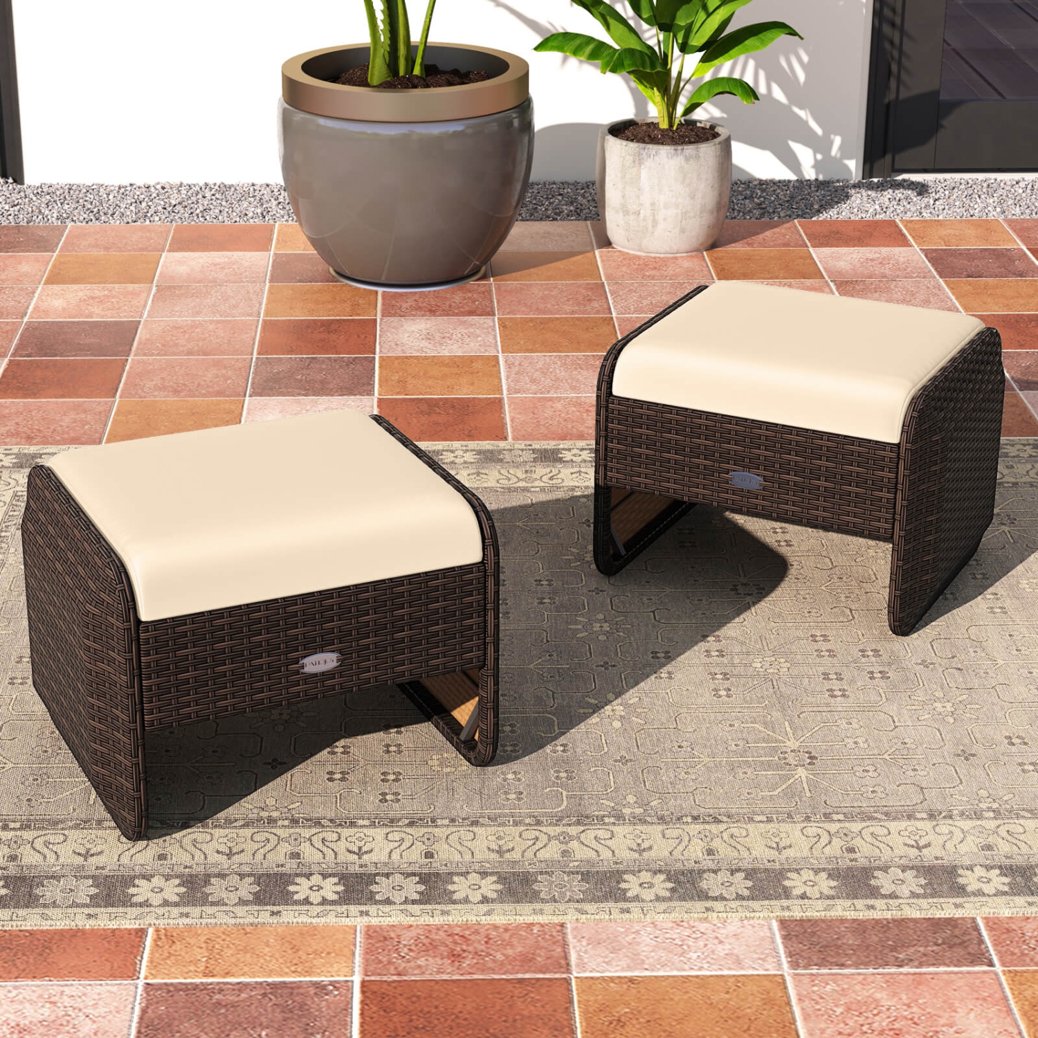 Patiojoy 2 Pieces Outdoor Patio PE Wicker Ottomans with Removable Cushions Footstools Beige/Navy