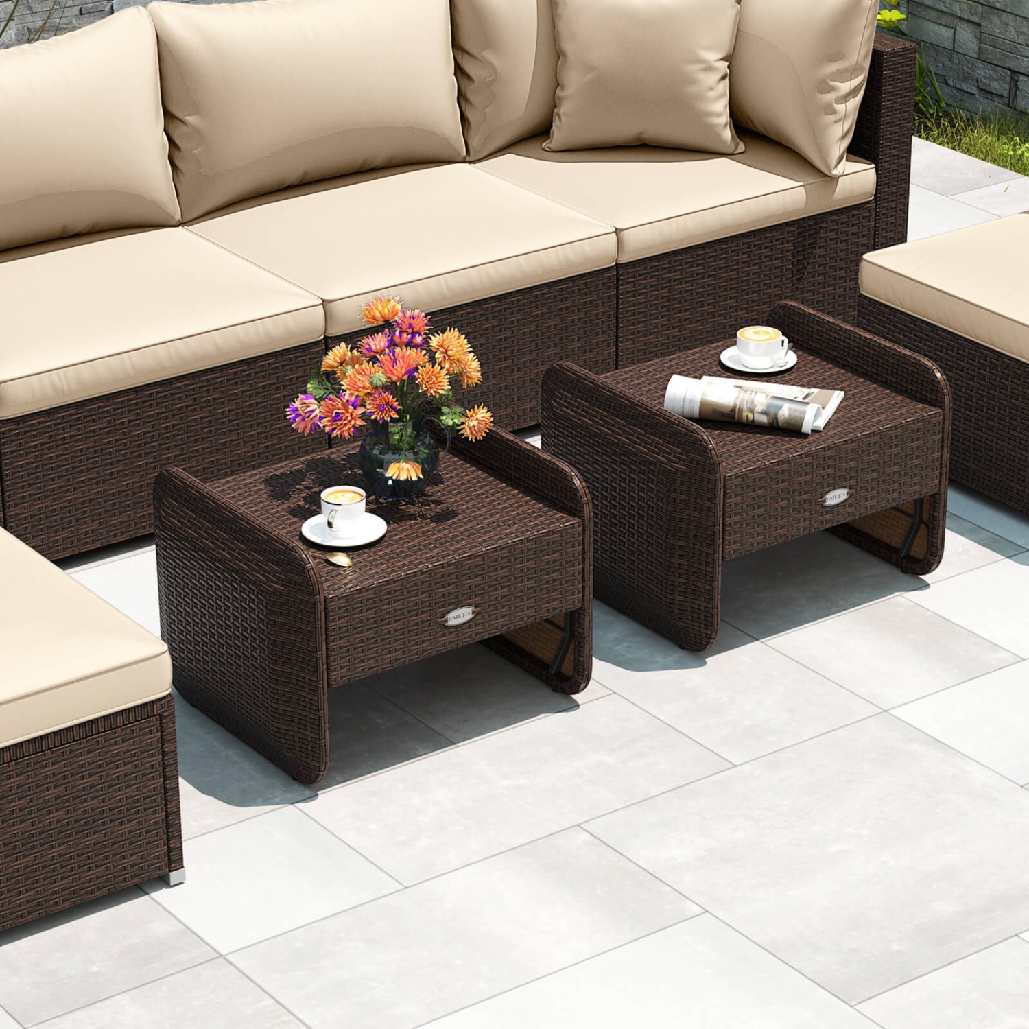 Patiojoy 2 Pieces Outdoor Patio PE Wicker Ottomans with Removable Cushions Footstools Beige/Navy