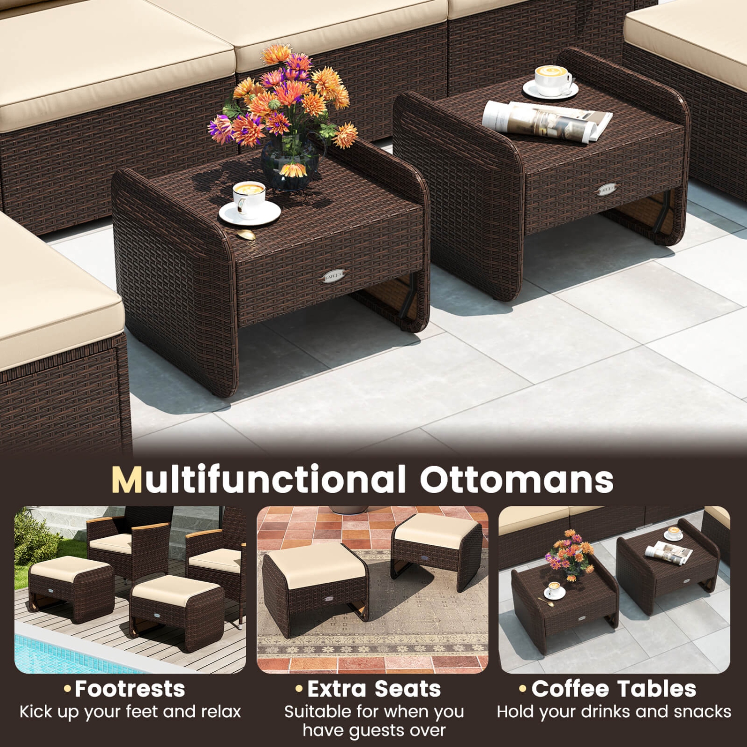 Patiojoy 2 Pieces Outdoor Patio PE Wicker Ottomans with Removable Cushions Footstools Beige/Navy