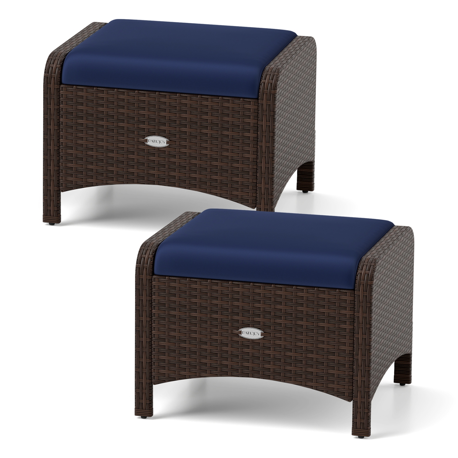 Patiojoy 2 Pieces Outdoor Patio PE Wicker Ottomans with Removable Cushions Footstools Beige/Navy