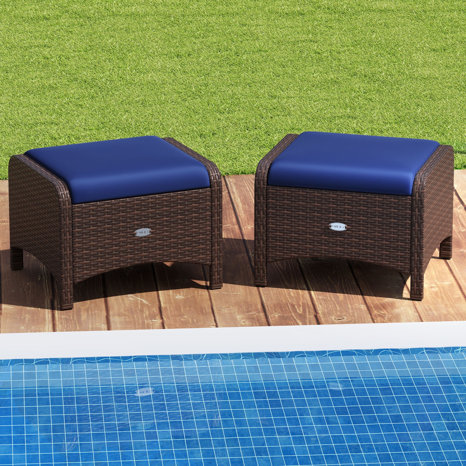 Patiojoy 2 Pieces Outdoor Patio PE Wicker Ottomans with Removable Cushions Footstools Beige/Navy
