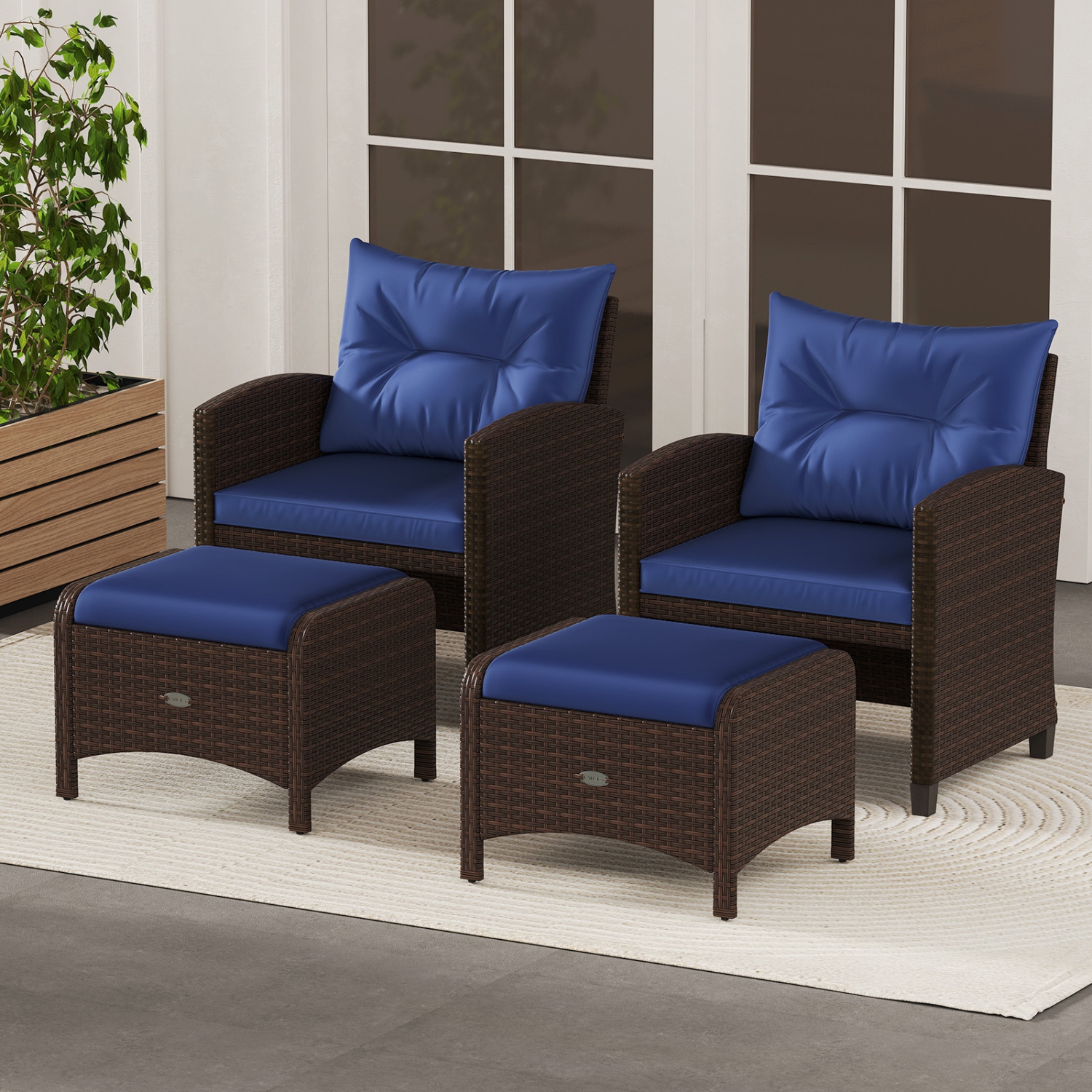 Patiojoy 2 Pieces Outdoor Patio PE Wicker Ottomans with Removable Cushions Footstools Beige/Navy
