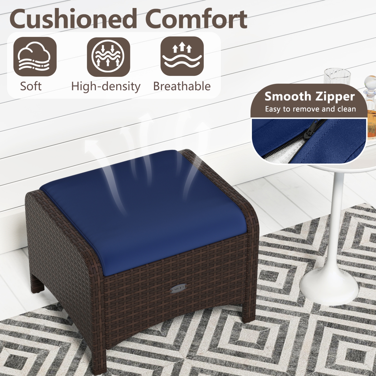 Patiojoy 2 Pieces Outdoor Patio PE Wicker Ottomans with Removable Cushions Footstools Beige/Navy