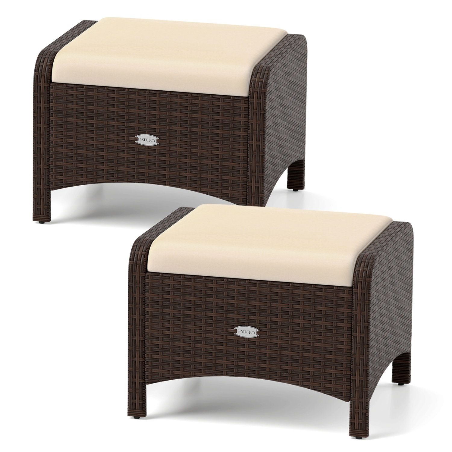 Patiojoy 2 Pieces Outdoor Patio PE Wicker Ottomans with Removable Cushions Footstools Beige/Navy