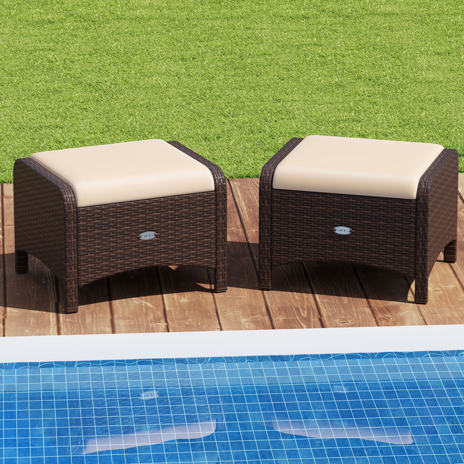 Patiojoy 2 Pieces Outdoor Patio PE Wicker Ottomans with Removable Cushions Footstools Beige/Navy