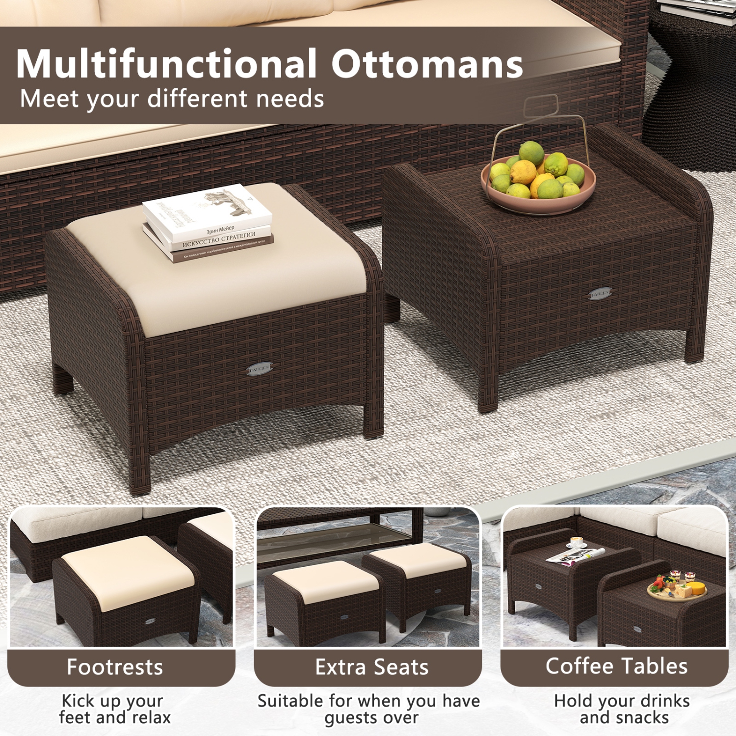 Patiojoy 2 Pieces Outdoor Patio PE Wicker Ottomans with Removable Cushions Footstools Beige/Navy