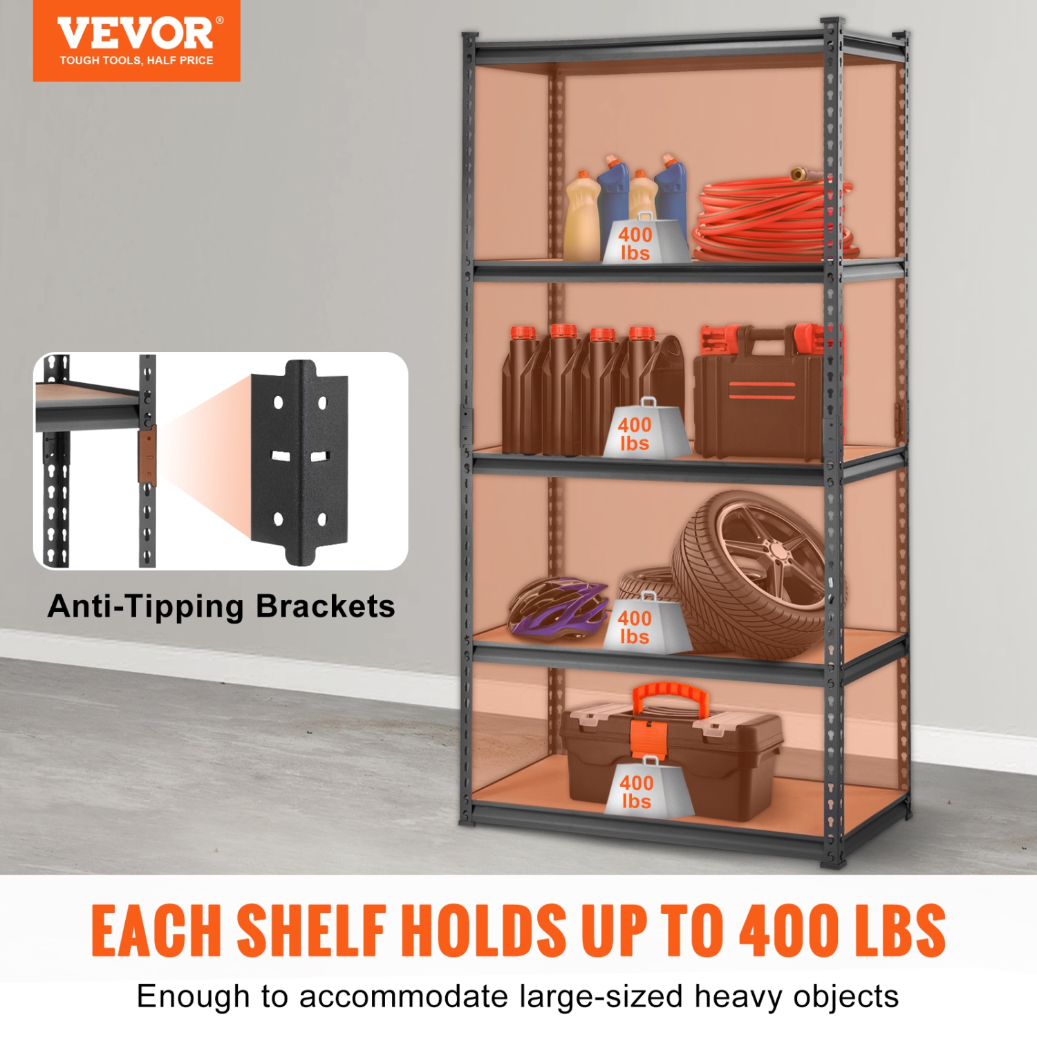 VEVOR 5-Tier Storage Shelving Unit, Adjustable, 2000 lbs Capacity, Heavy Duty Garage Shelves Metal Organizer Utility Rack, Black, 36" L x 18" W x 72"