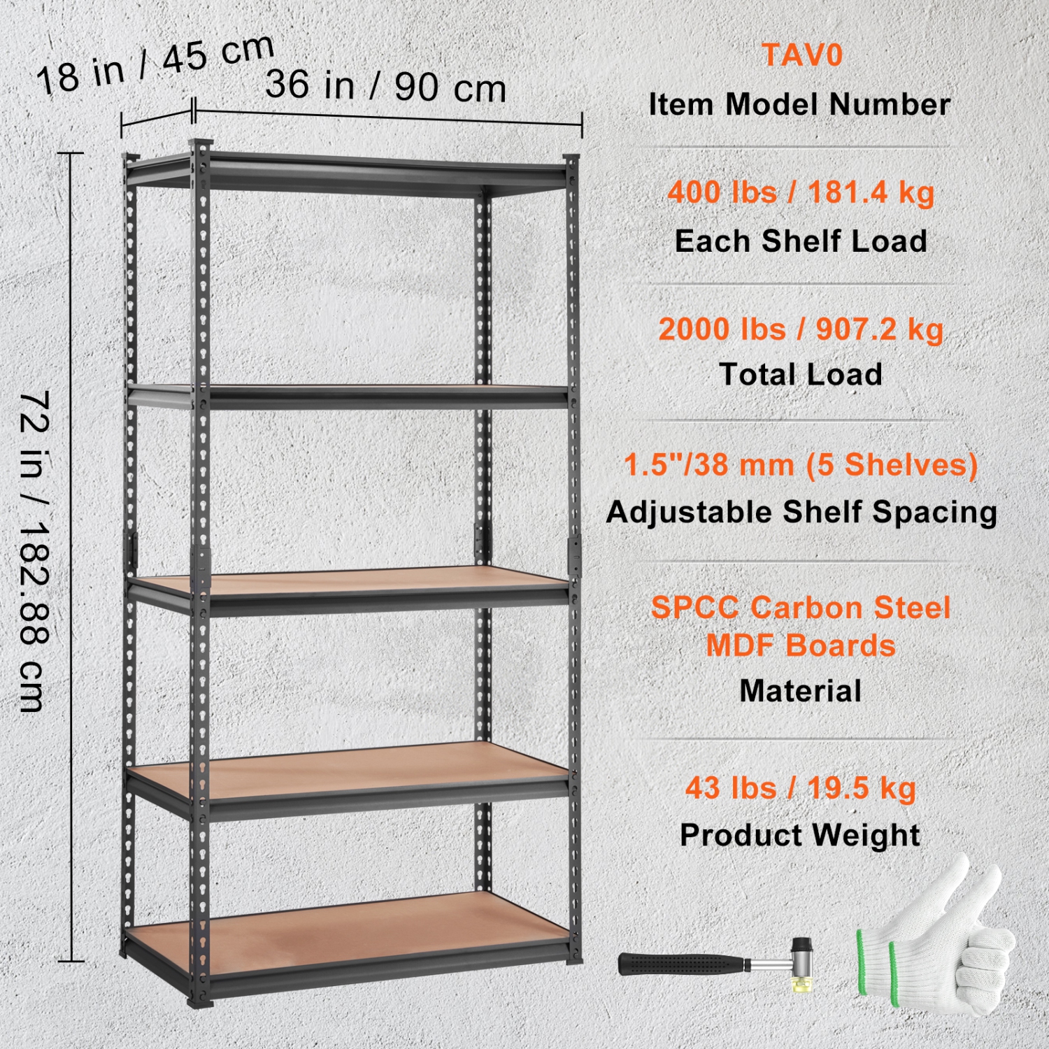 VEVOR 5-Tier Storage Shelving Unit, Adjustable, 2000 lbs Capacity, Heavy Duty Garage Shelves Metal Organizer Utility Rack, Black, 36" L x 18" W x 72"