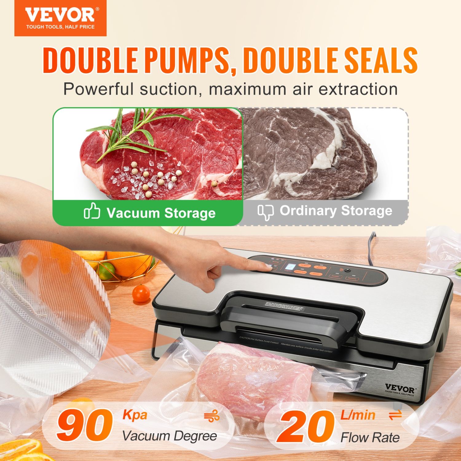 VEVOR 90Kpa 130W Vacuum Sealer Machine, Powerful Dual Pump and Dual Sealing, Dry and Moist Food Storage, Automatic and Manual Air Sealing System with