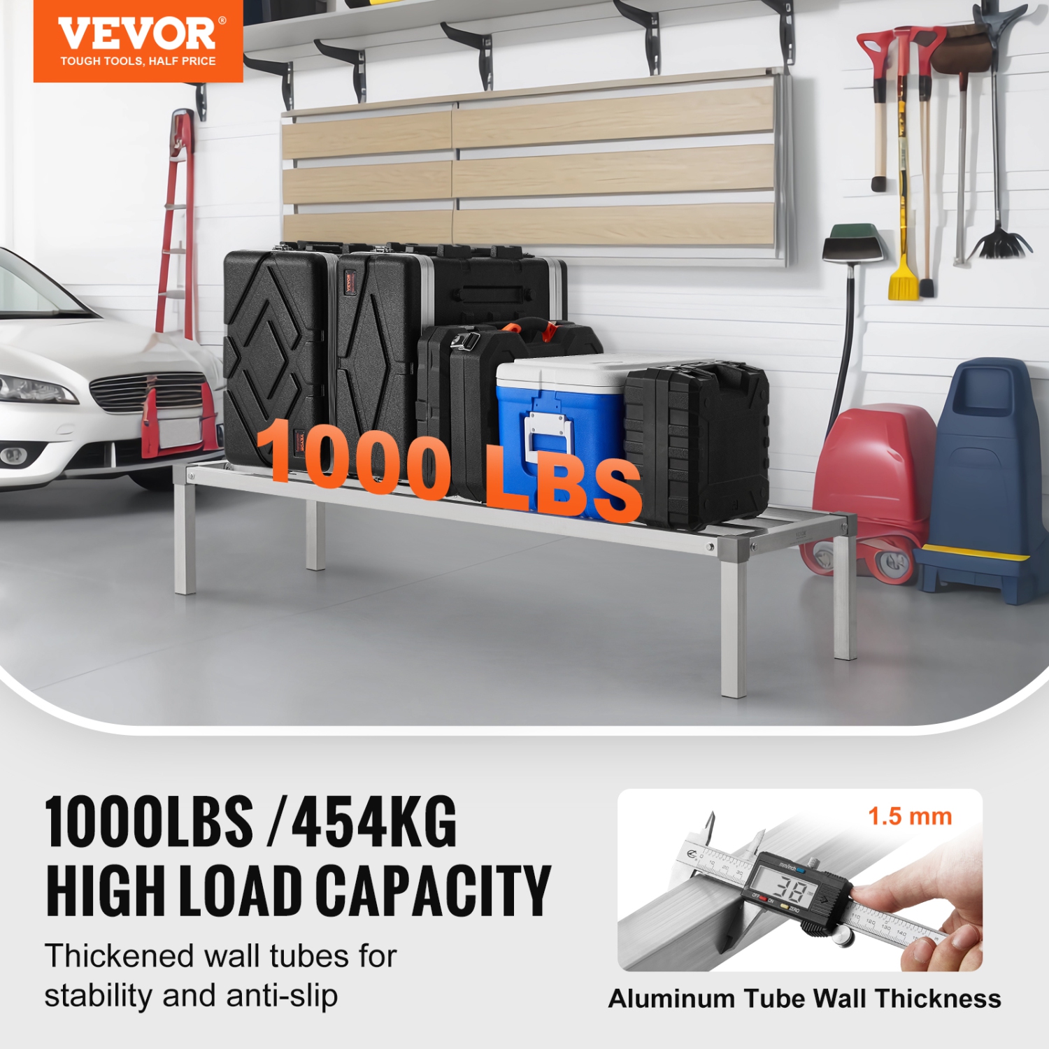 VEVOR 60” x 20” Aluminum Dunnage Rack, Commercial Food Floor Rack, 12” Off the Floor, 1000 lbs Capacity All-Welded Aluminum Storage Rack, for Storage