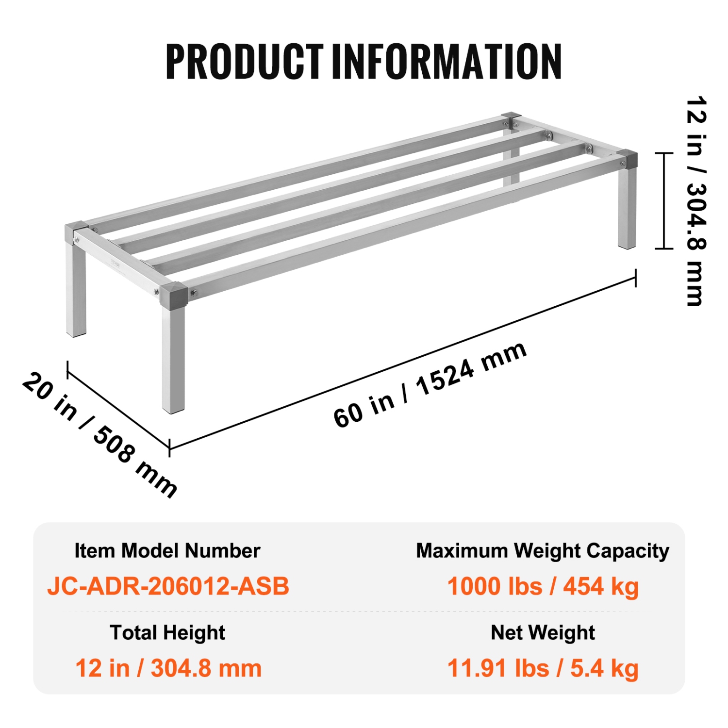 VEVOR 60” x 20” Aluminum Dunnage Rack, Commercial Food Floor Rack, 12” Off the Floor, 1000 lbs Capacity All-Welded Aluminum Storage Rack, for Storage