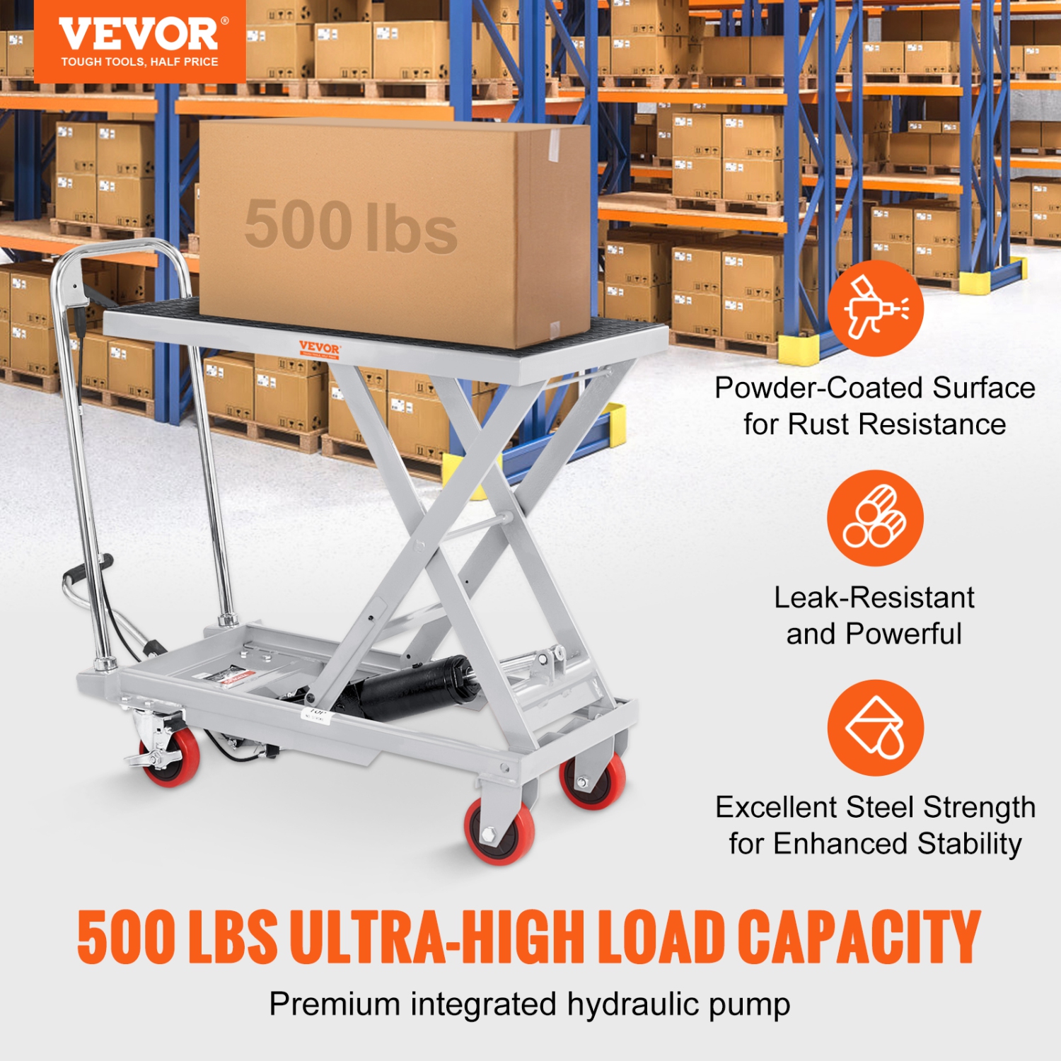 VEVOR Hydraulic Lift Table Cart, 500lbs Capacity 28.5" Lifting Height, Manual Single Scissor Lift Table with 4 Wheels and Non-slip Pad, Hydraulic