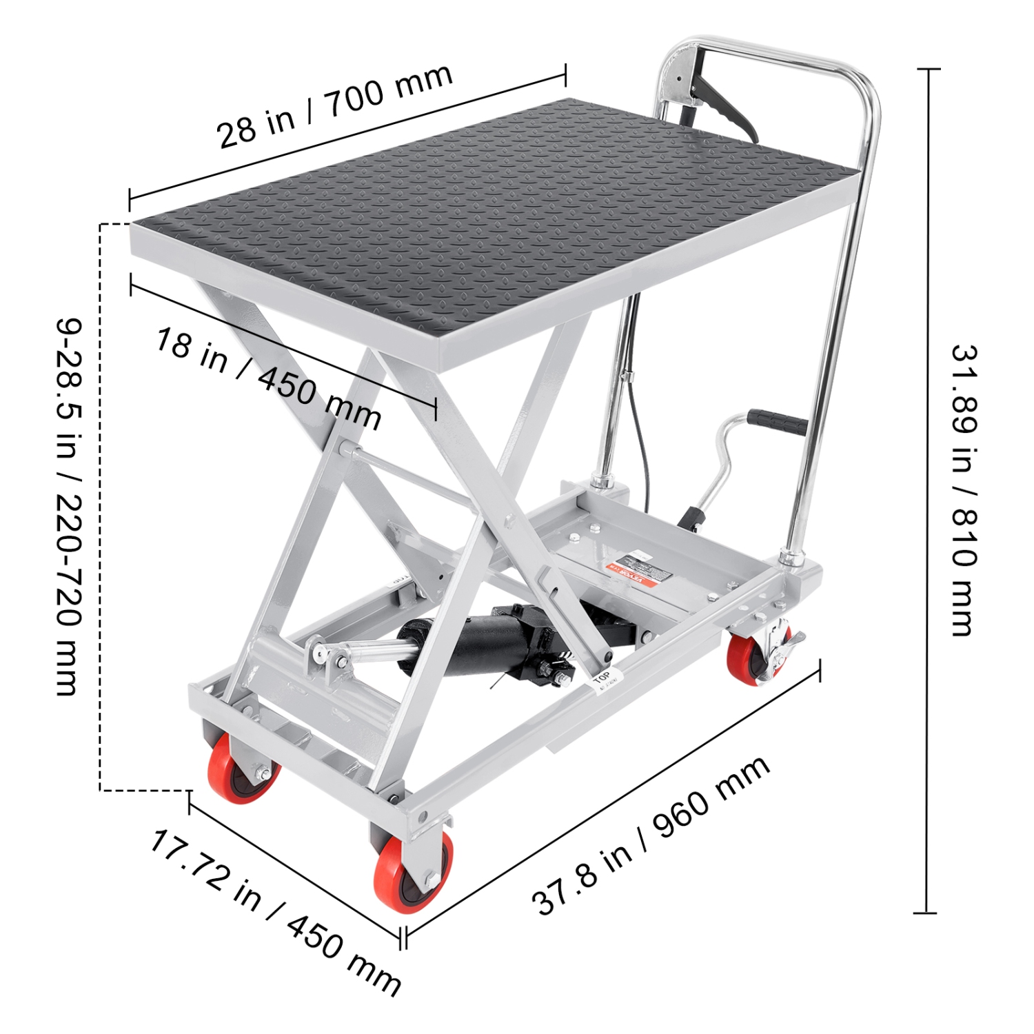 VEVOR Hydraulic Lift Table Cart, 500lbs Capacity 28.5" Lifting Height, Manual Single Scissor Lift Table with 4 Wheels and Non-slip Pad, Hydraulic