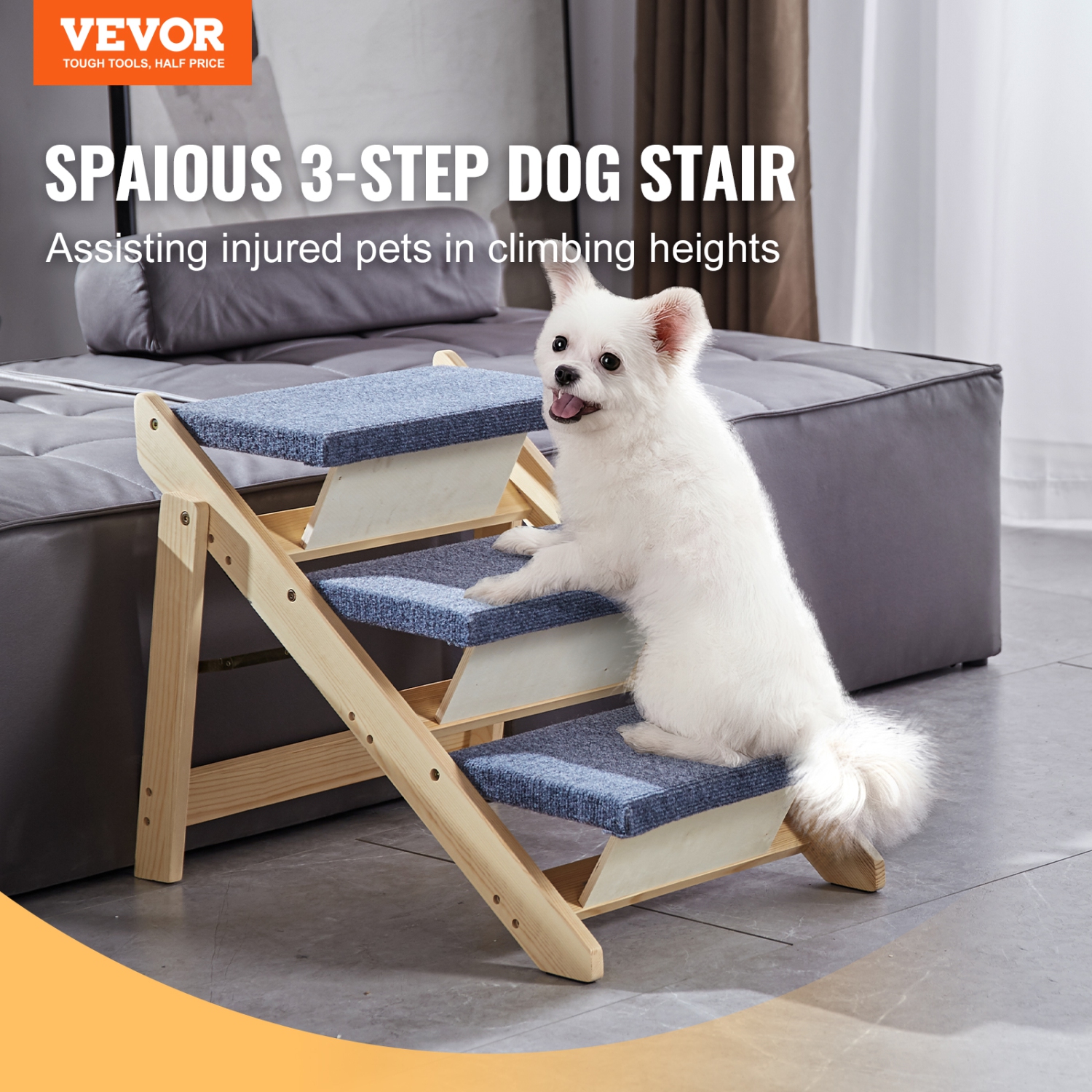 VEVOR 2-in-1 Wooden Pet Steps,Convertible Dog Staircase & Ramp for Access to Beds,Sofas,and Vehicles,Three-Step Design Supports Pets up to 150 lbs,