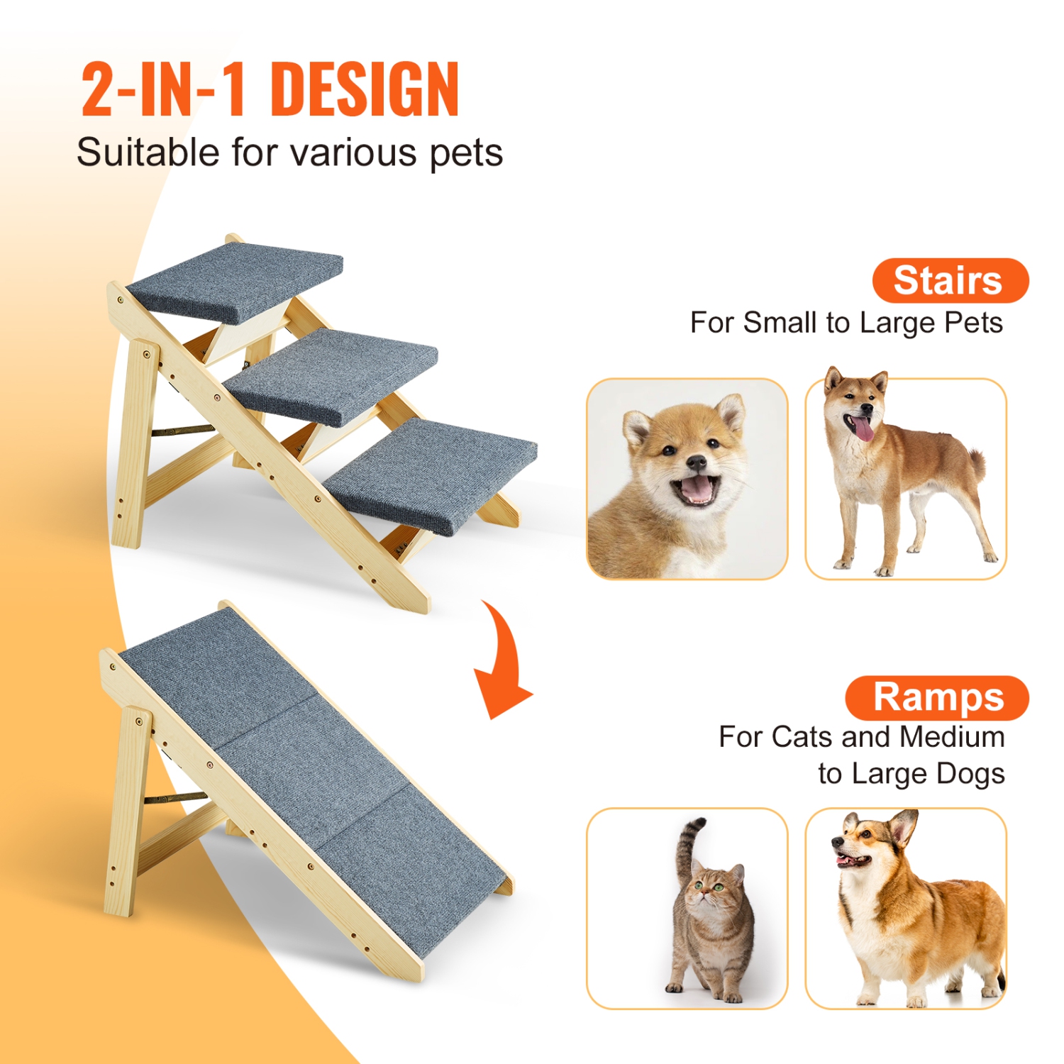 VEVOR 2-in-1 Wooden Pet Steps,Convertible Dog Staircase & Ramp for Access to Beds,Sofas,and Vehicles,Three-Step Design Supports Pets up to 150 lbs,