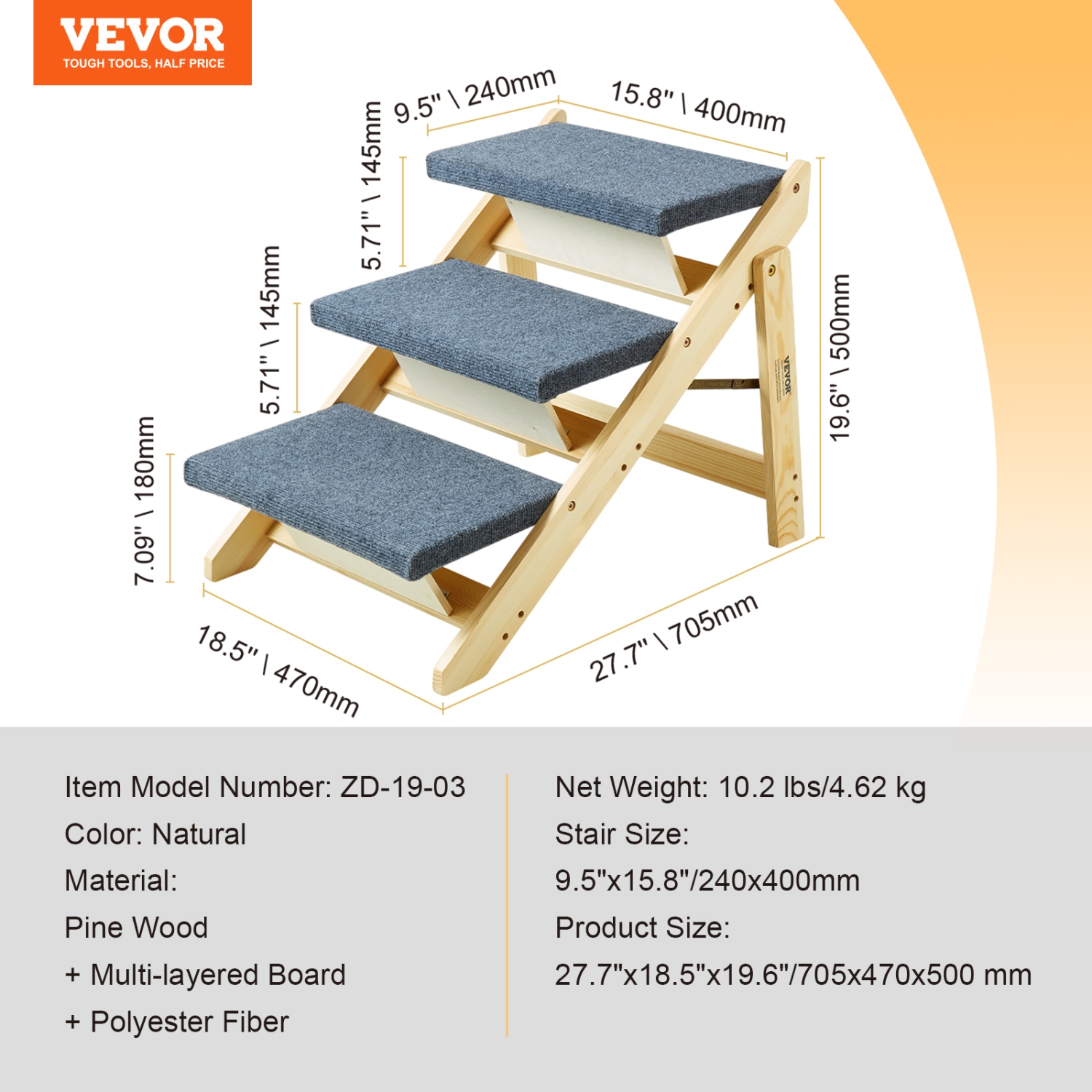 VEVOR 2-in-1 Wooden Pet Steps,Convertible Dog Staircase & Ramp for Access to Beds,Sofas,and Vehicles,Three-Step Design Supports Pets up to 150 lbs,