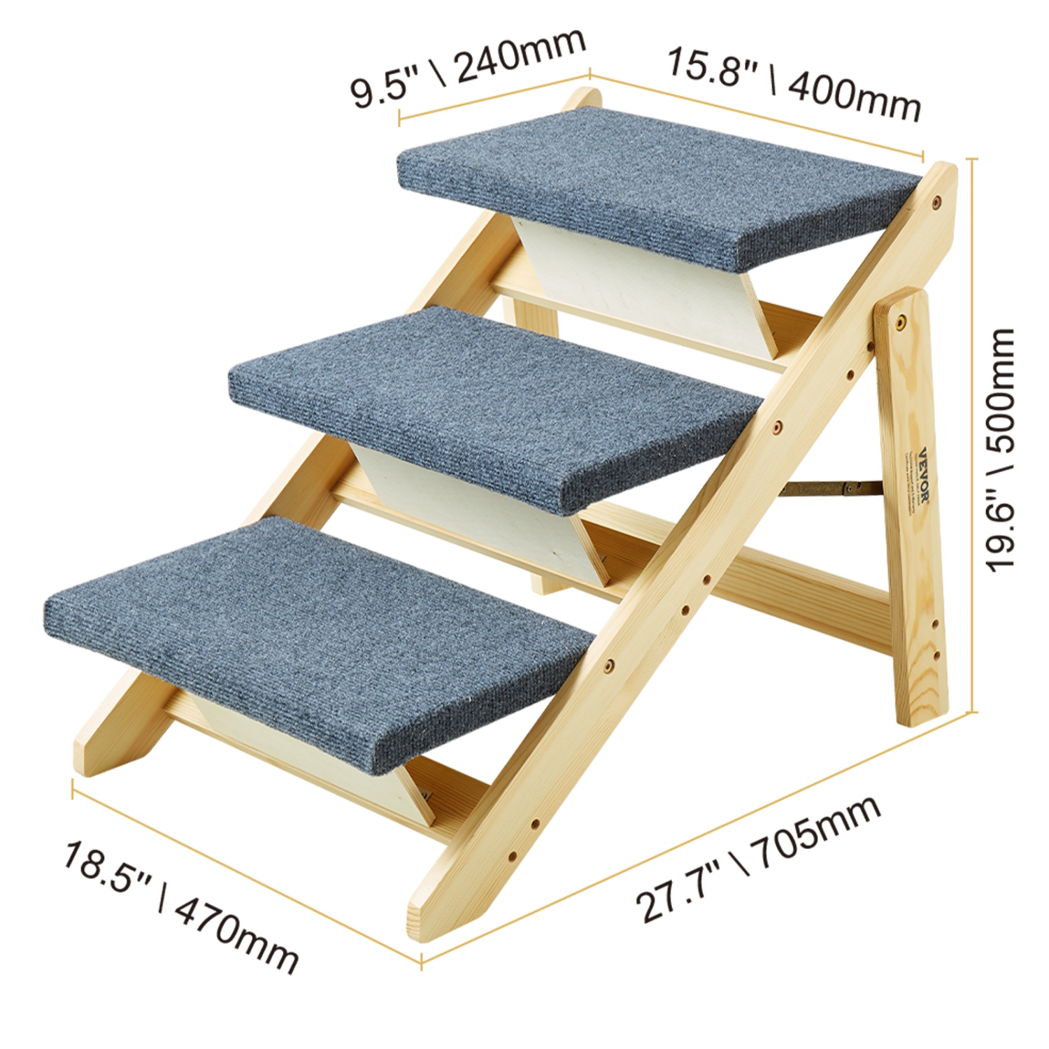 VEVOR 2-in-1 Wooden Pet Steps,Convertible Dog Staircase & Ramp for Access to Beds,Sofas,and Vehicles,Three-Step Design Supports Pets up to 150 lbs,