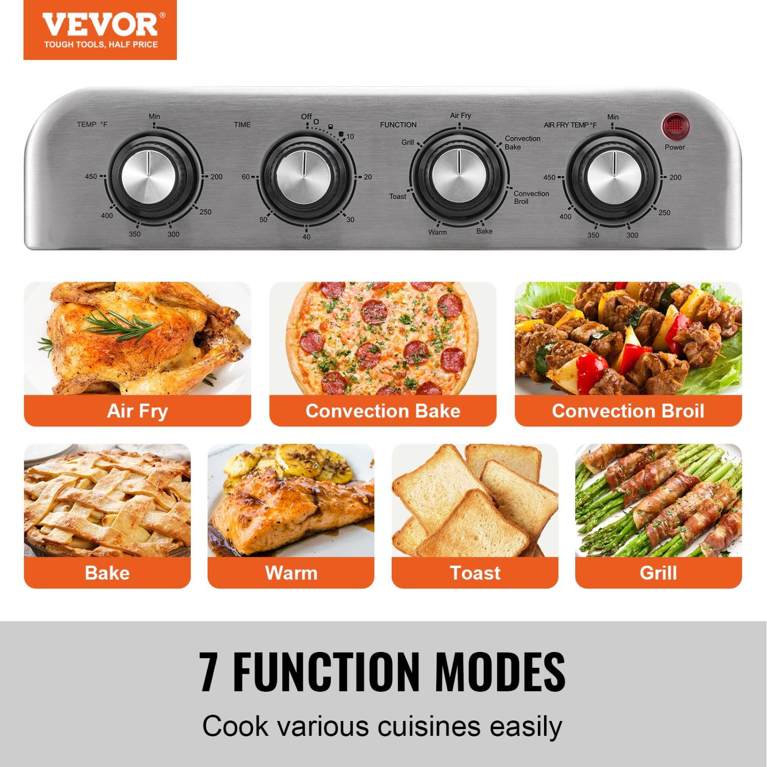VEVOR 7-IN-1 Air Fryer Toaster Oven, 18L Convection Oven, 1700W Stainless Steel Toaster Ovens Countertop Combo with Grill, Pizza Pan, Gloves, 6
