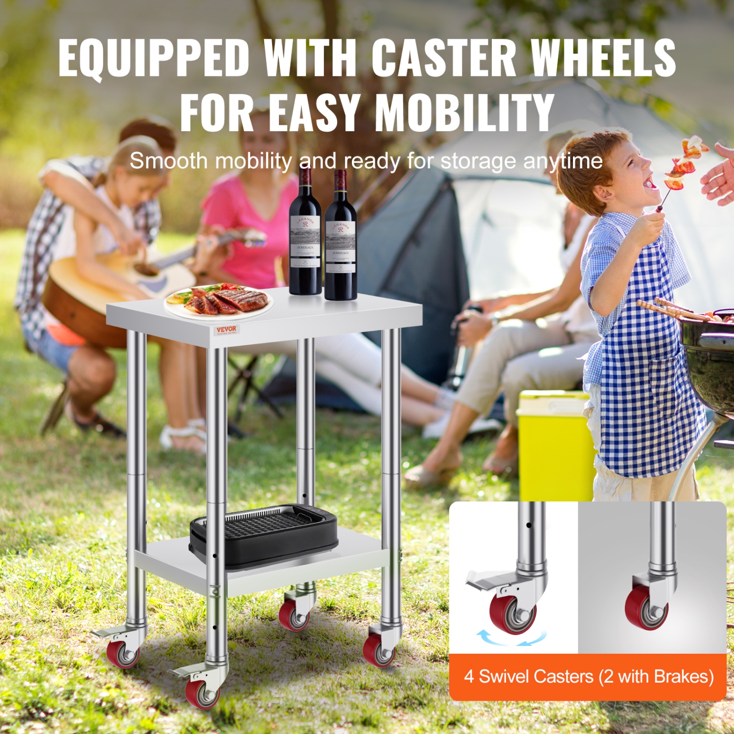 VEVOR 24 x 18 x 34 Inch Stainless Steel Work Table, 700 LBS Load Capacity with 4 Wheels, 3 Adjustable Height Levels, Heavy Duty Food Prep Worktable