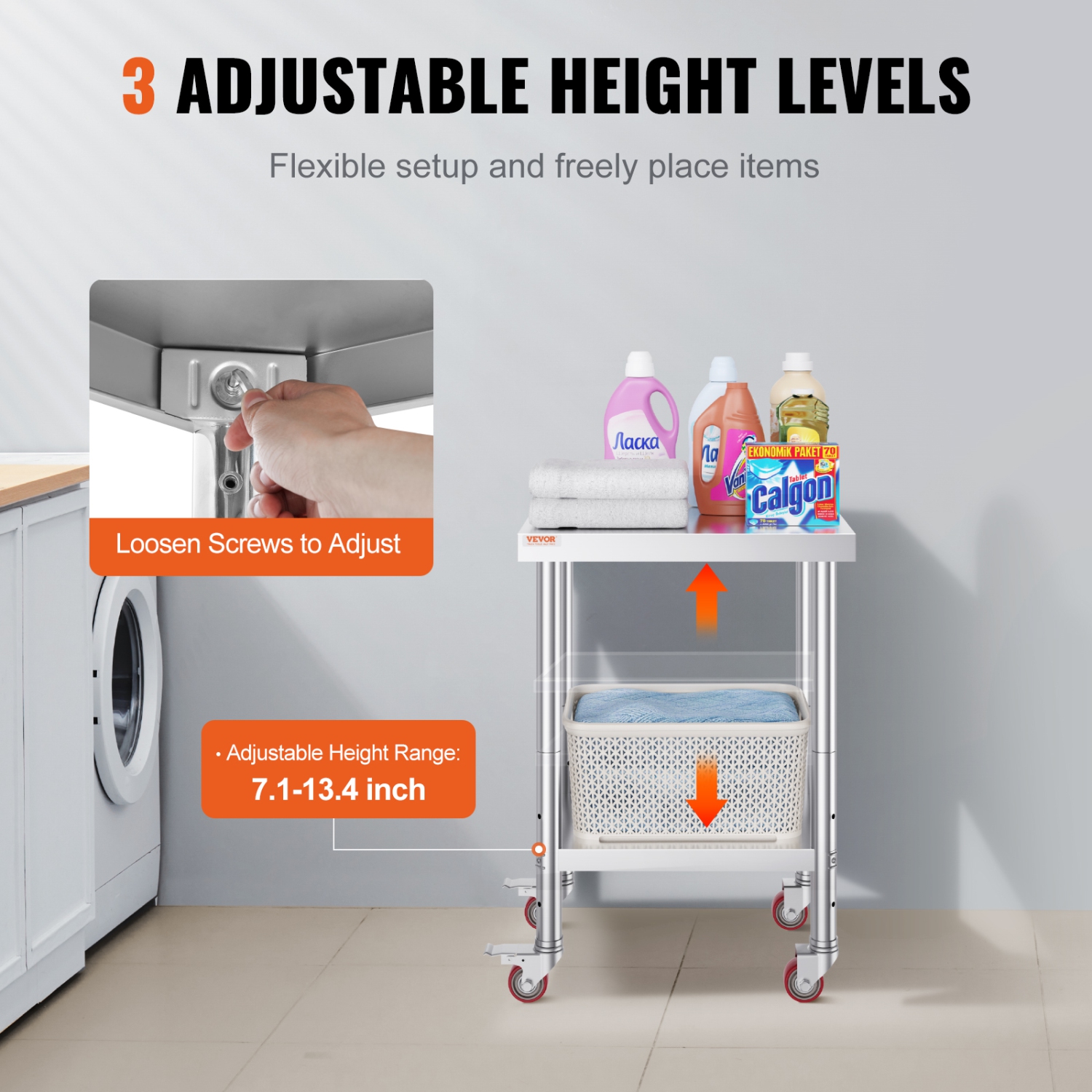 VEVOR 24 x 18 x 34 Inch Stainless Steel Work Table, 700 LBS Load Capacity with 4 Wheels, 3 Adjustable Height Levels, Heavy Duty Food Prep Worktable