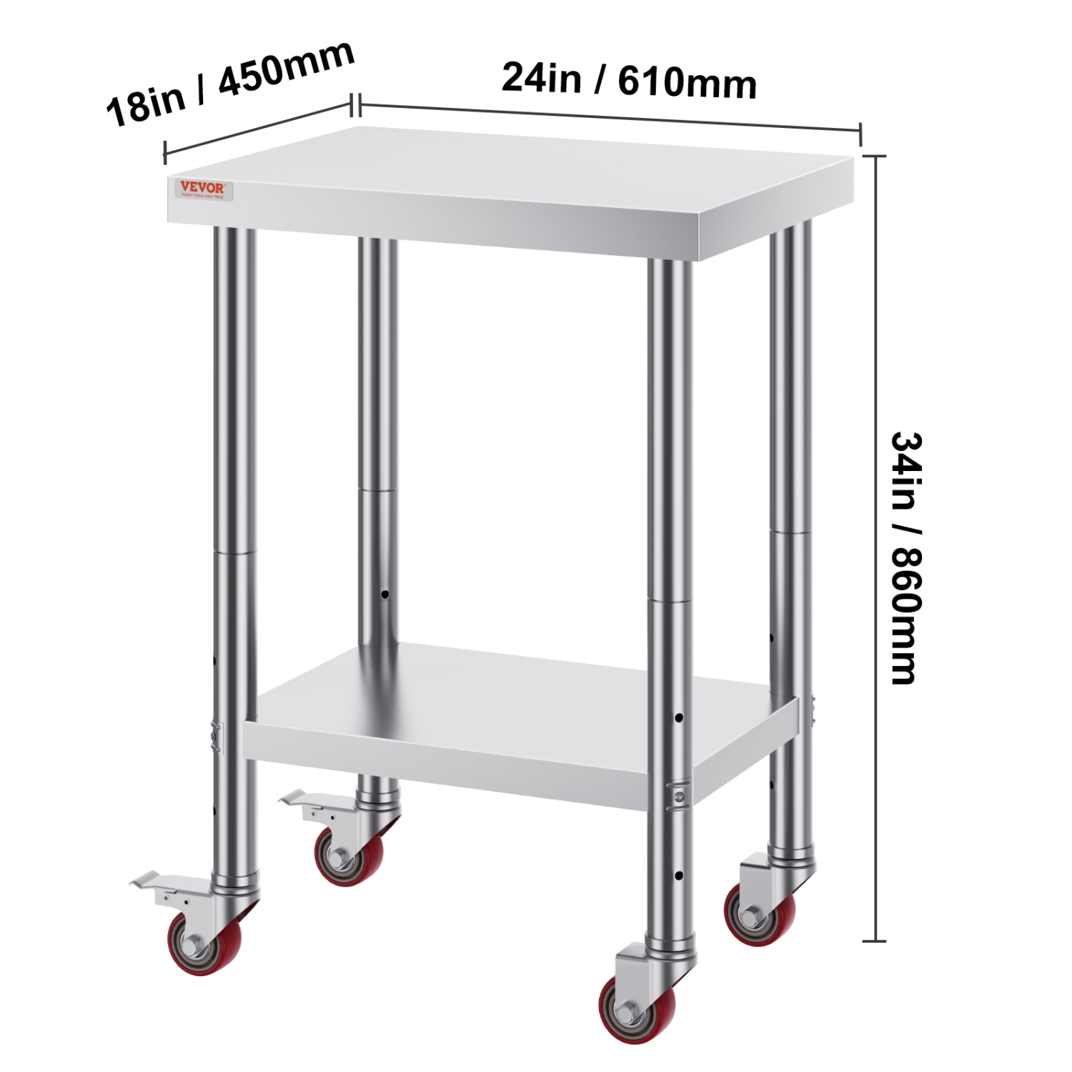 VEVOR 24 x 18 x 34 Inch Stainless Steel Work Table, 700 LBS Load Capacity with 4 Wheels, 3 Adjustable Height Levels, Heavy Duty Food Prep Worktable