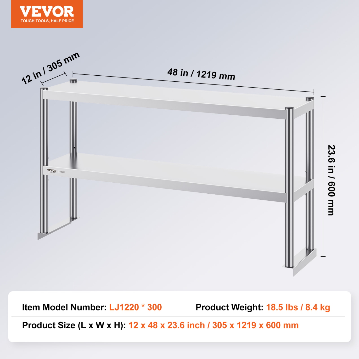 VEVOR 12 x 48 Inch Double Overshelf, Double Tier Stainless Steel Overshelf, Double Deck Overshelf, Height Adjustable Overshelf Prep Work Table for