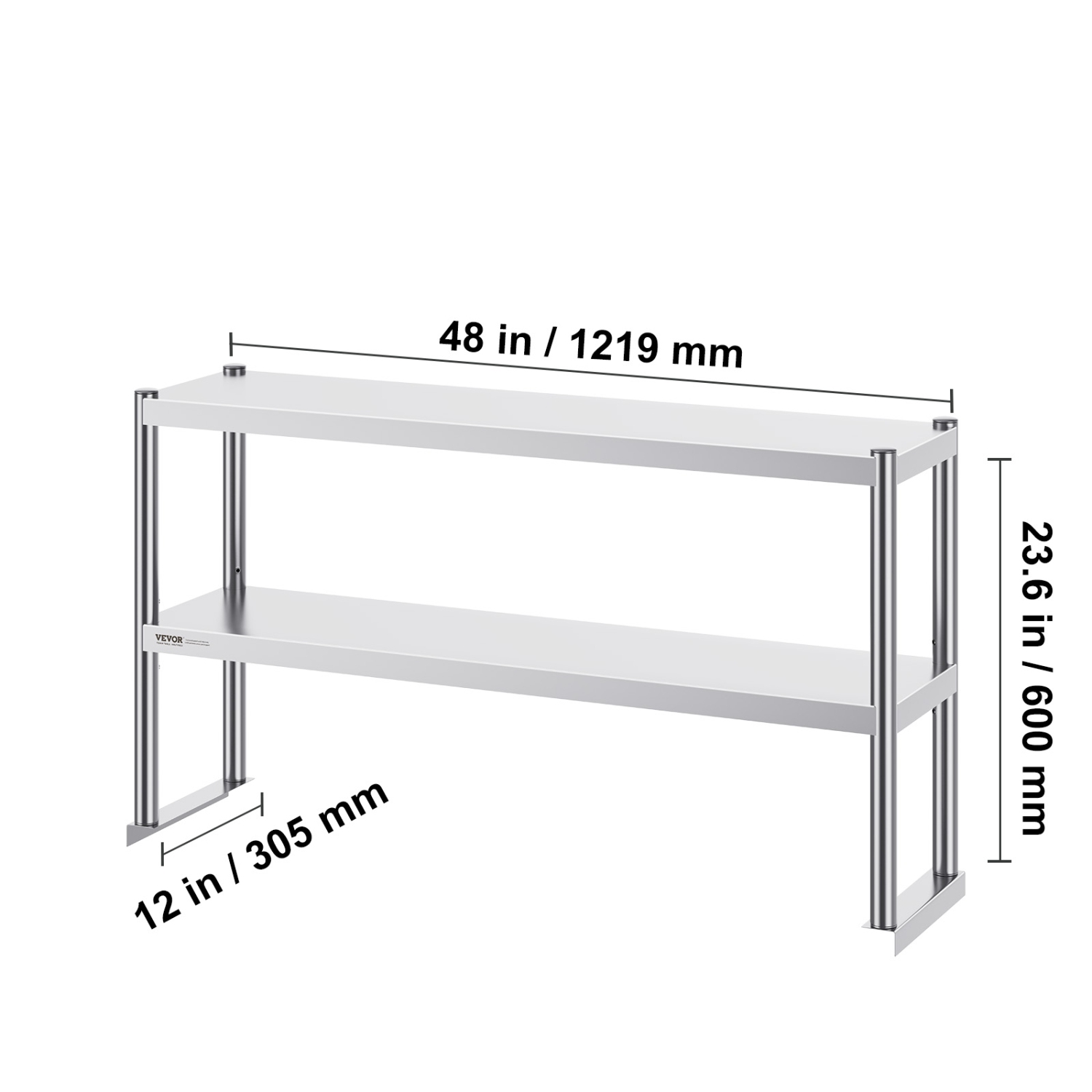 VEVOR 12 x 48 Inch Double Overshelf, Double Tier Stainless Steel Overshelf, Double Deck Overshelf, Height Adjustable Overshelf Prep Work Table for