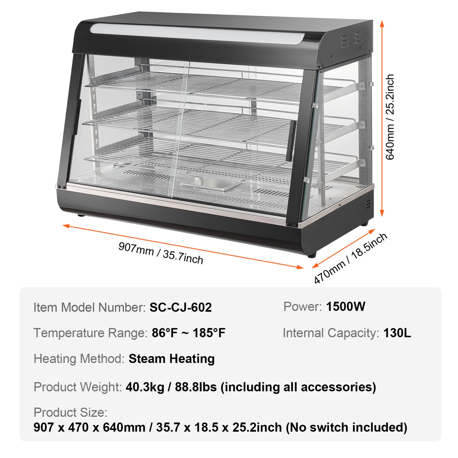 VEVOR 3-Tier Commercial Food Warmer Display,1500W Display Warmer with Light, Shelf and Temperature Display, 86℉~185℉ Steam Heating, 130L for
