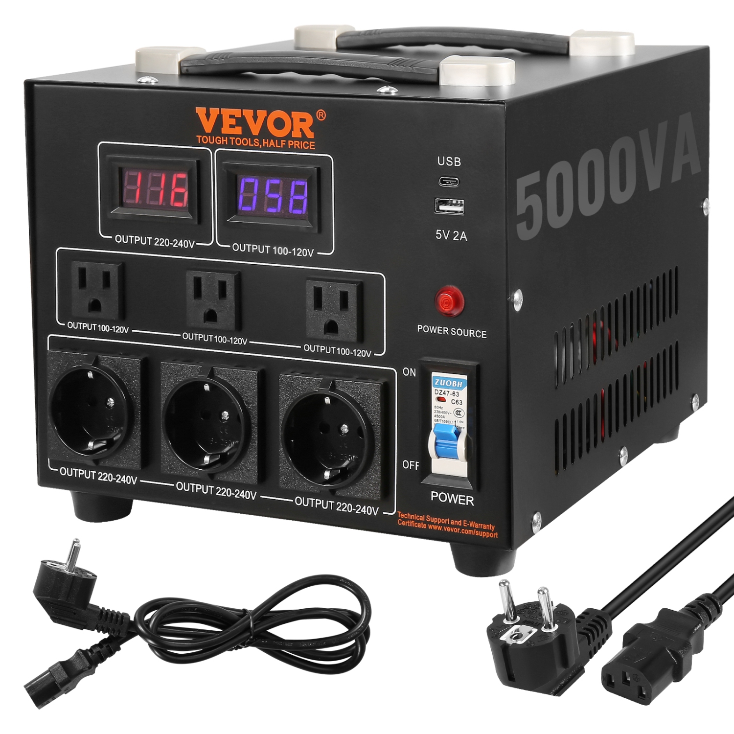 VEVOR 5000W Voltage Converter Transformer, Step Up/Down Transformer, Convert from 110 Volt to 220 Volt and from 220 Volt to 110 Volt, with US Outlet