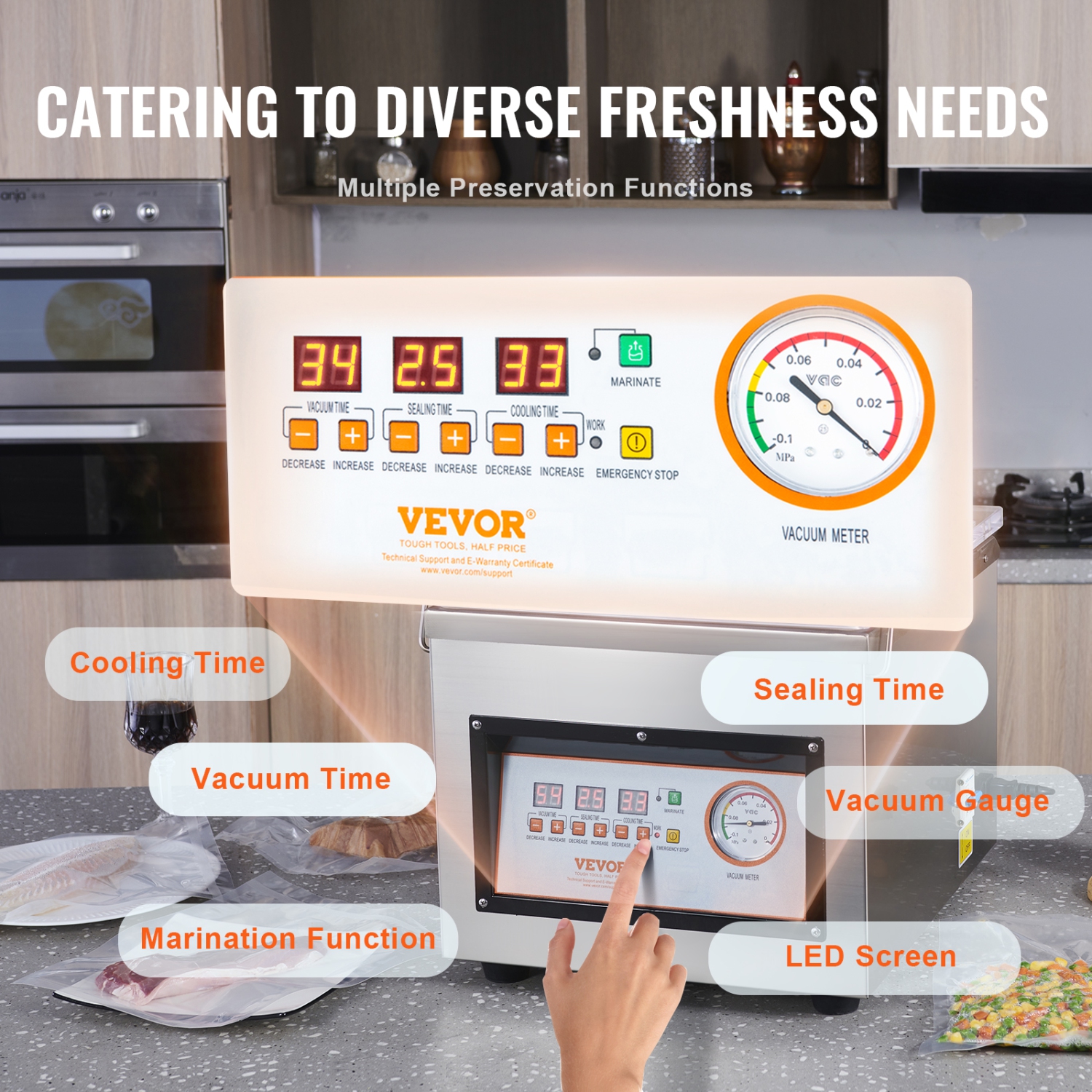 VEVOR 320W Chamber Vacuum Sealer, Sealing Power, Vacuum Packing Machine for Wet Foods, Meats, Marinades and More, Compact Size with 12.6" Sealing