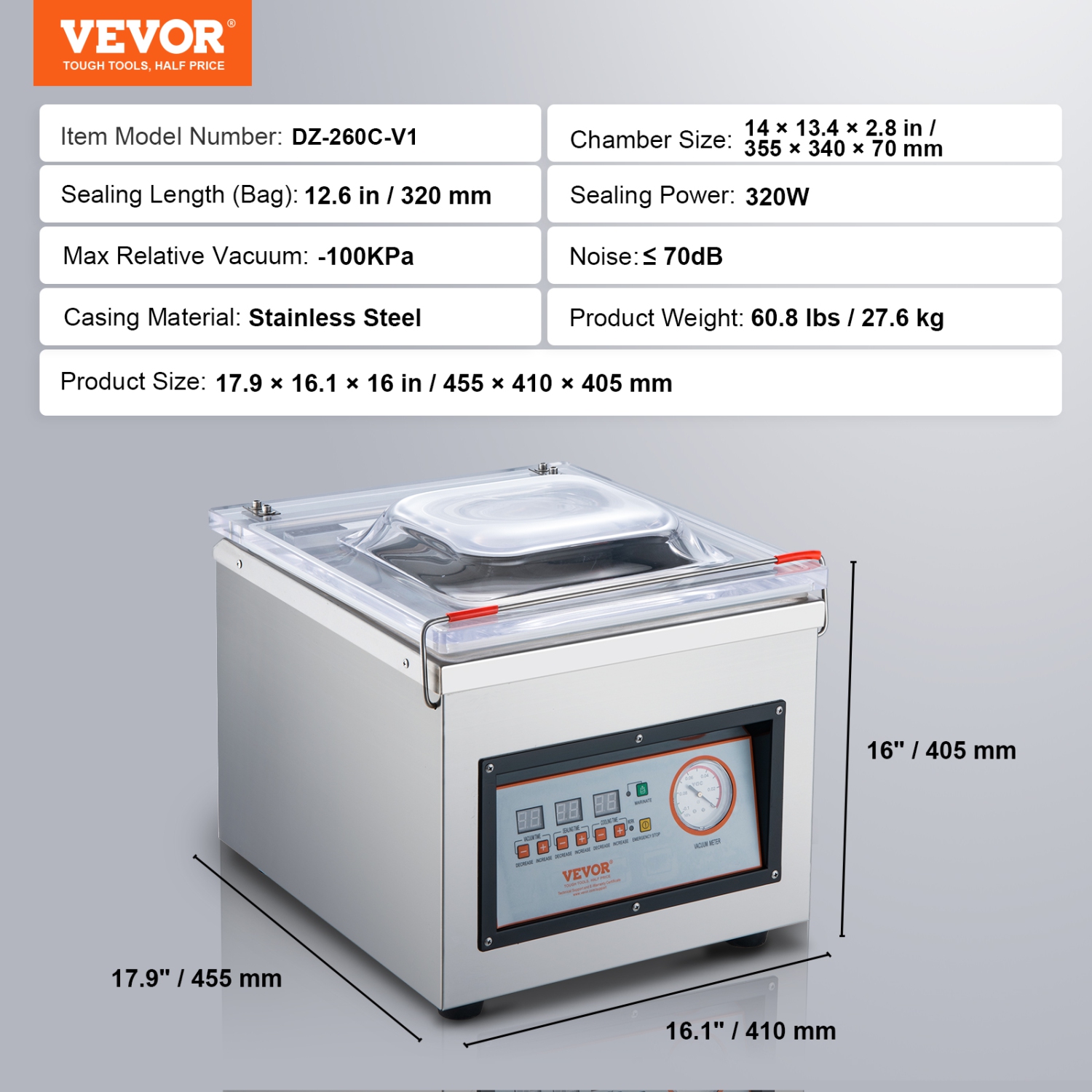 VEVOR 320W Chamber Vacuum Sealer, Sealing Power, Vacuum Packing Machine for Wet Foods, Meats, Marinades and More, Compact Size with 12.6" Sealing