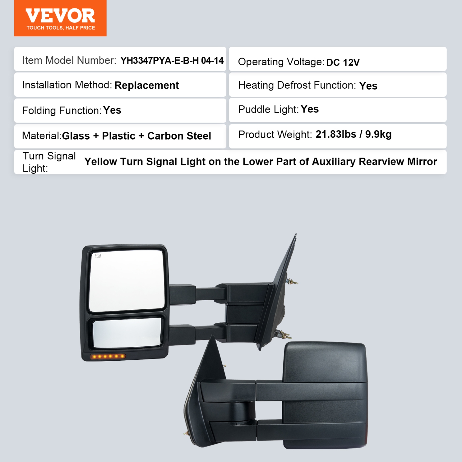 VEVOR 2004-2014 Ford F150 Towing Mirrors, Left & Right Pair Set, Power Heated with Signal Light & Puddle Light, Plane & Convex Glass, Manual