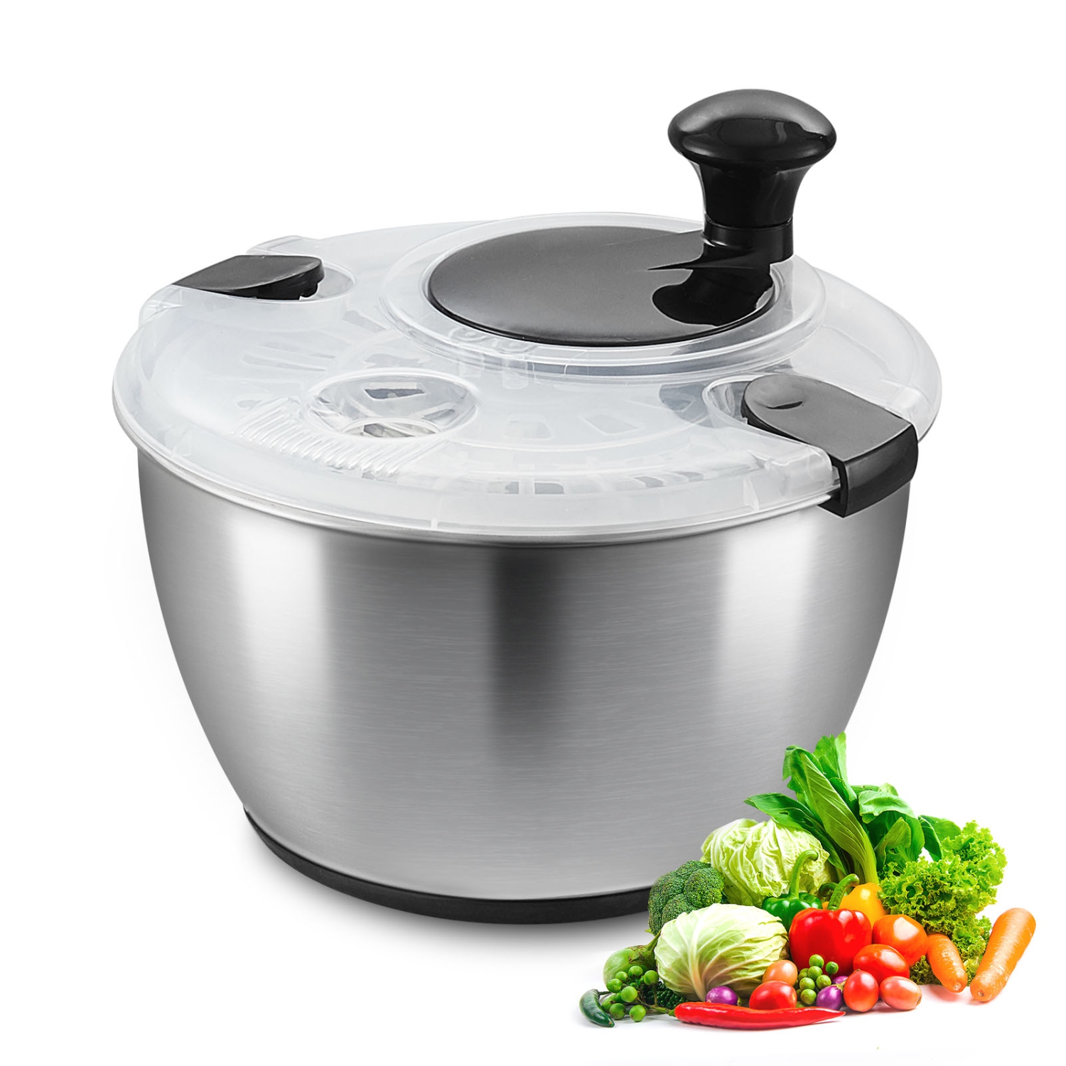 VEVOR 4.75Qt Stainless Steel Salad Spinner, One-handed Easy Press Large Vegetable Dryer Washer, Lettuce Cleaner and Dryer with 304 Stainless Steel