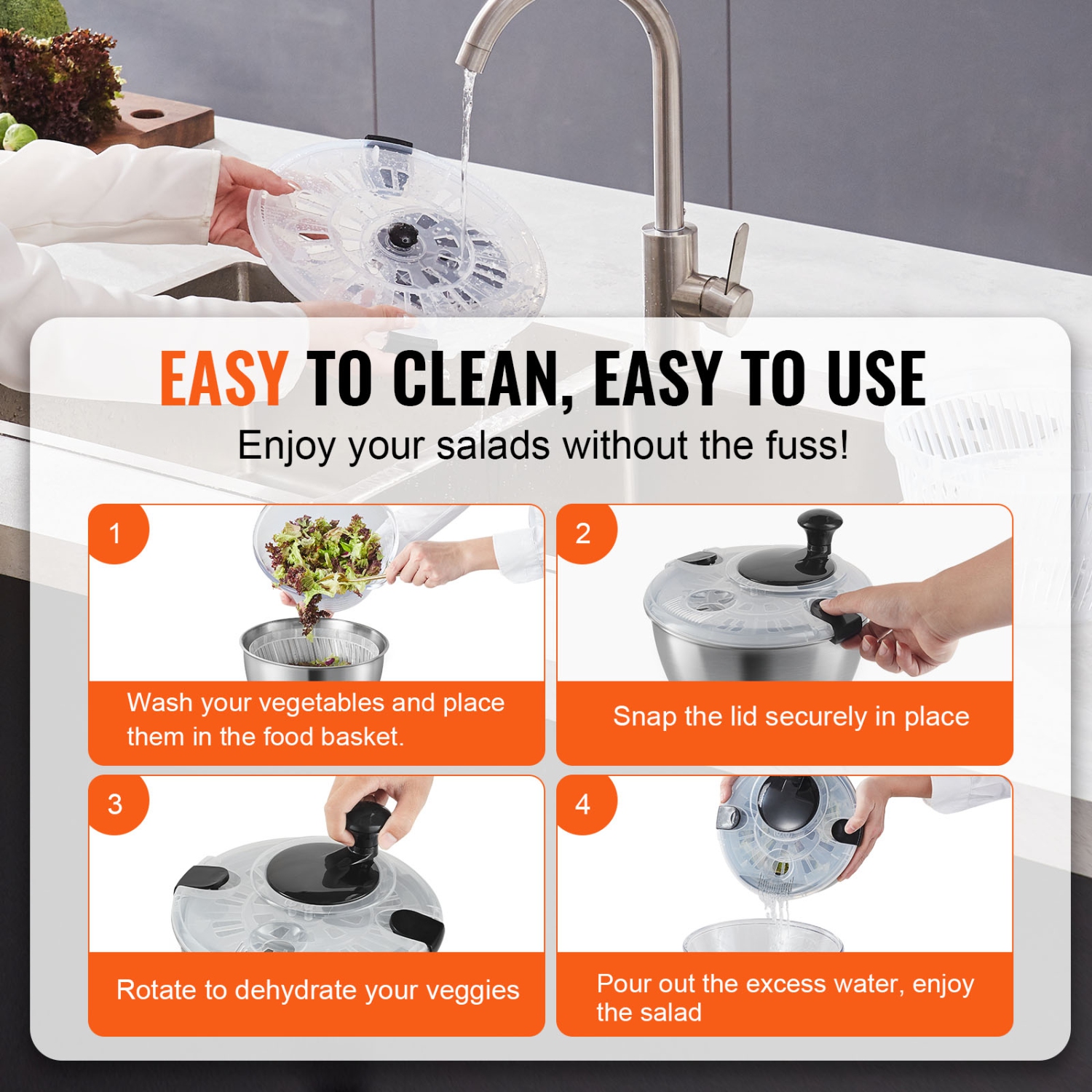 VEVOR 4.75Qt Stainless Steel Salad Spinner, One-handed Easy Press Large Vegetable Dryer Washer, Lettuce Cleaner and Dryer with 304 Stainless Steel