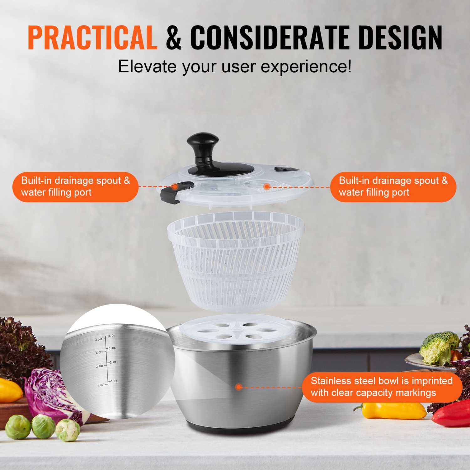 VEVOR 4.75Qt Stainless Steel Salad Spinner, One-handed Easy Press Large Vegetable Dryer Washer, Lettuce Cleaner and Dryer with 304 Stainless Steel