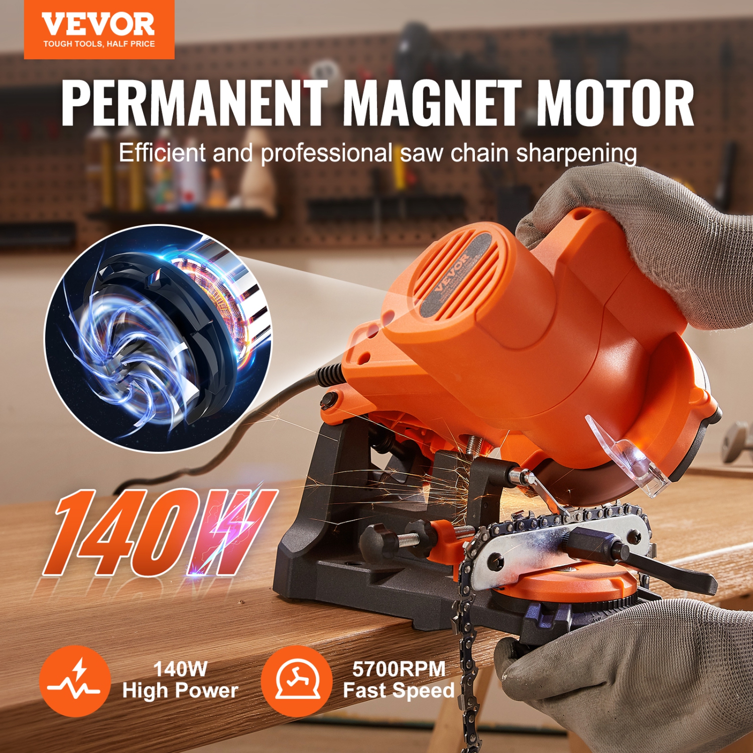 VEVOR 5700RPM Electric Chainsaw Sharpener, 140W Electric Saw Chain Blade Sharpener, Bench Chain Saw Sharpening Tool with 3 Grinding Wheels Fit 0.25"