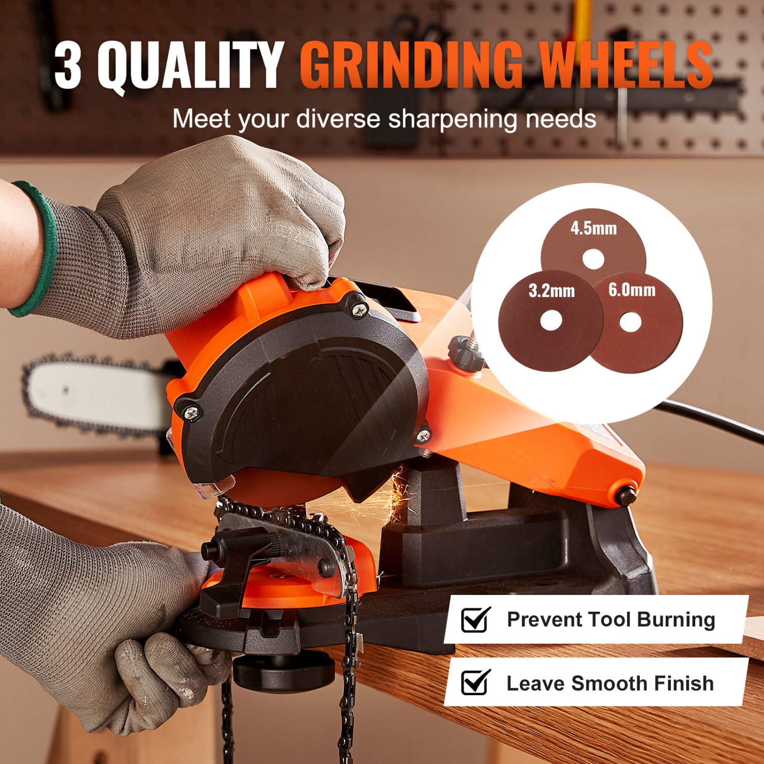 VEVOR 5700RPM Electric Chainsaw Sharpener, 140W Electric Saw Chain Blade Sharpener, Bench Chain Saw Sharpening Tool with 3 Grinding Wheels Fit 0.25"