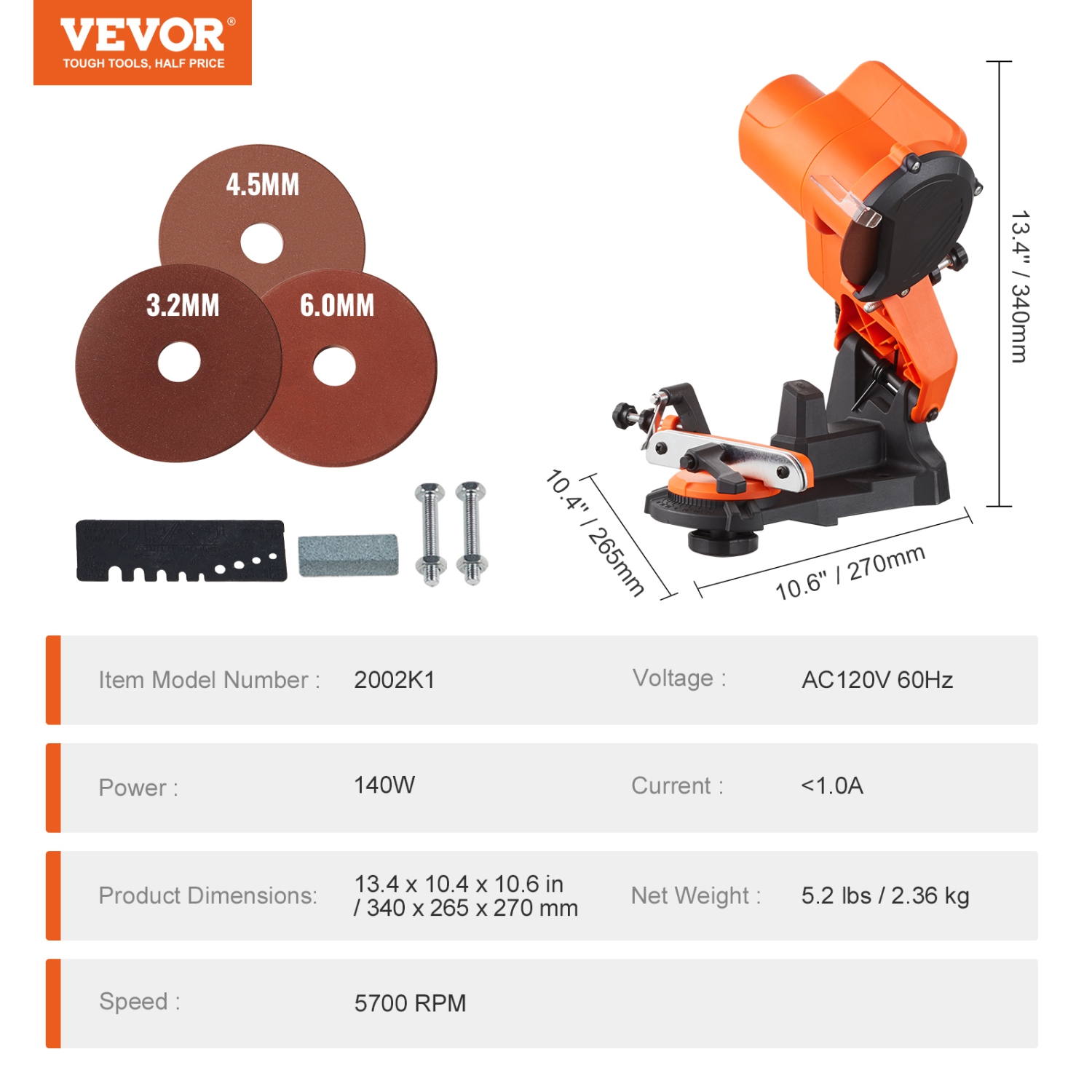 VEVOR 5700RPM Electric Chainsaw Sharpener, 140W Electric Saw Chain Blade Sharpener, Bench Chain Saw Sharpening Tool with 3 Grinding Wheels Fit 0.25"