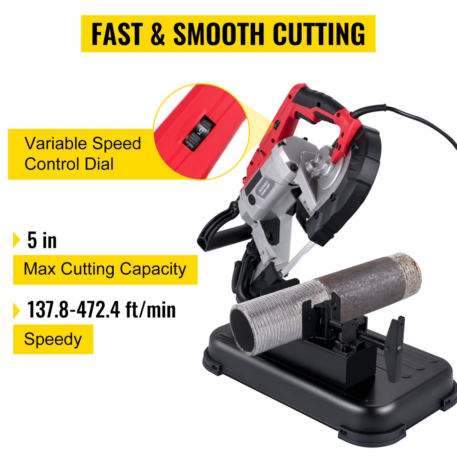 VEVOR 110V Portable Band Saw, Removable Alloy Steel Base Cordless Band Saw, 5 Inch Cutting Capacity Hand held Band Saw,Variable Speed Portable