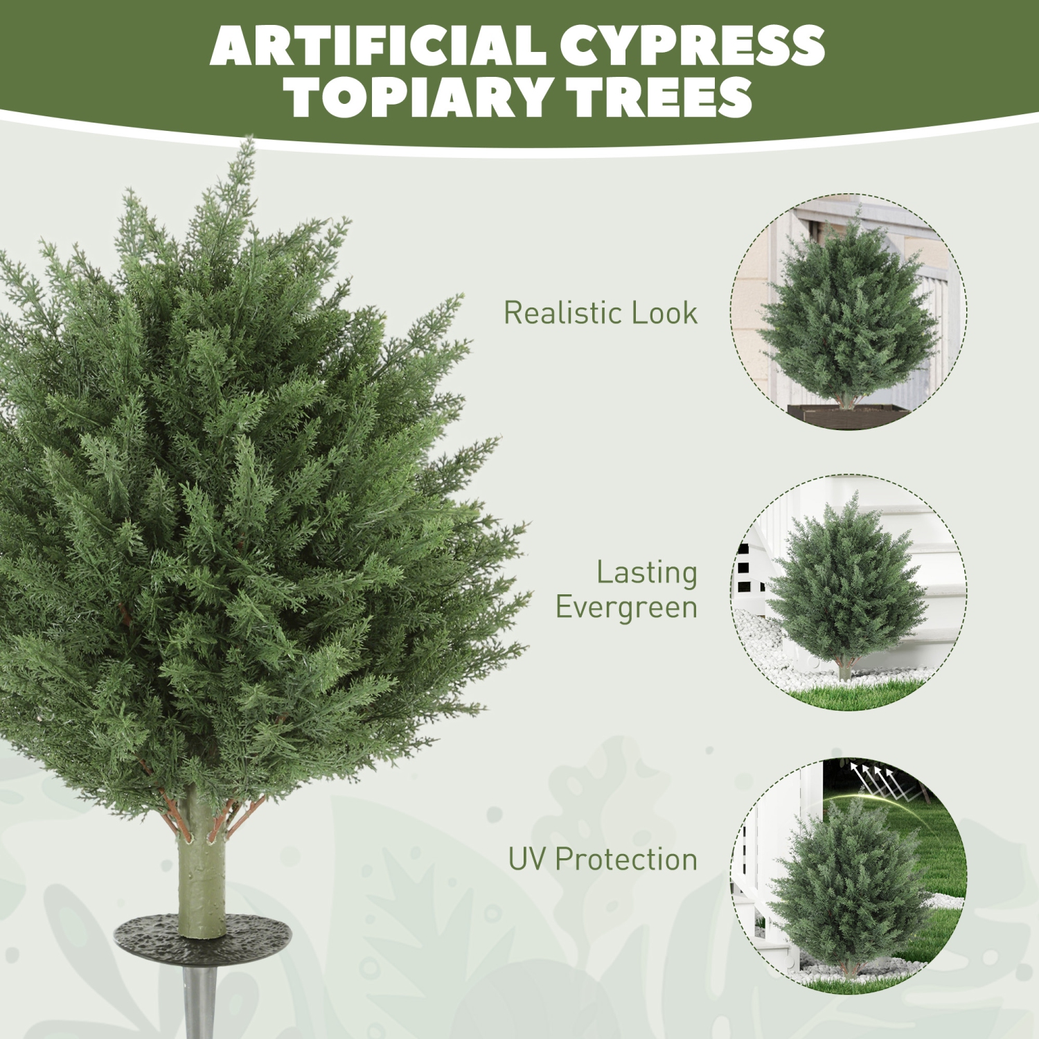 HOMCOM 24" Height Artificial Cypress Topiary Trees with Ground Stake, Set of 2 Artificial Plants, Fake Plants for Indoor Outdoor Front Porch Home