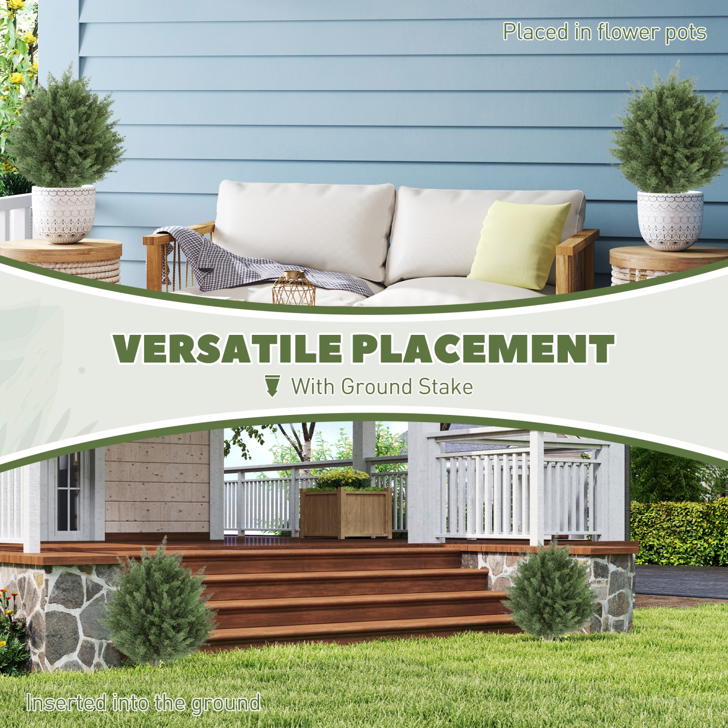 HOMCOM 24" Height Artificial Cypress Topiary Trees with Ground Stake, Set of 2 Artificial Plants, Fake Plants for Indoor Outdoor Front Porch Home