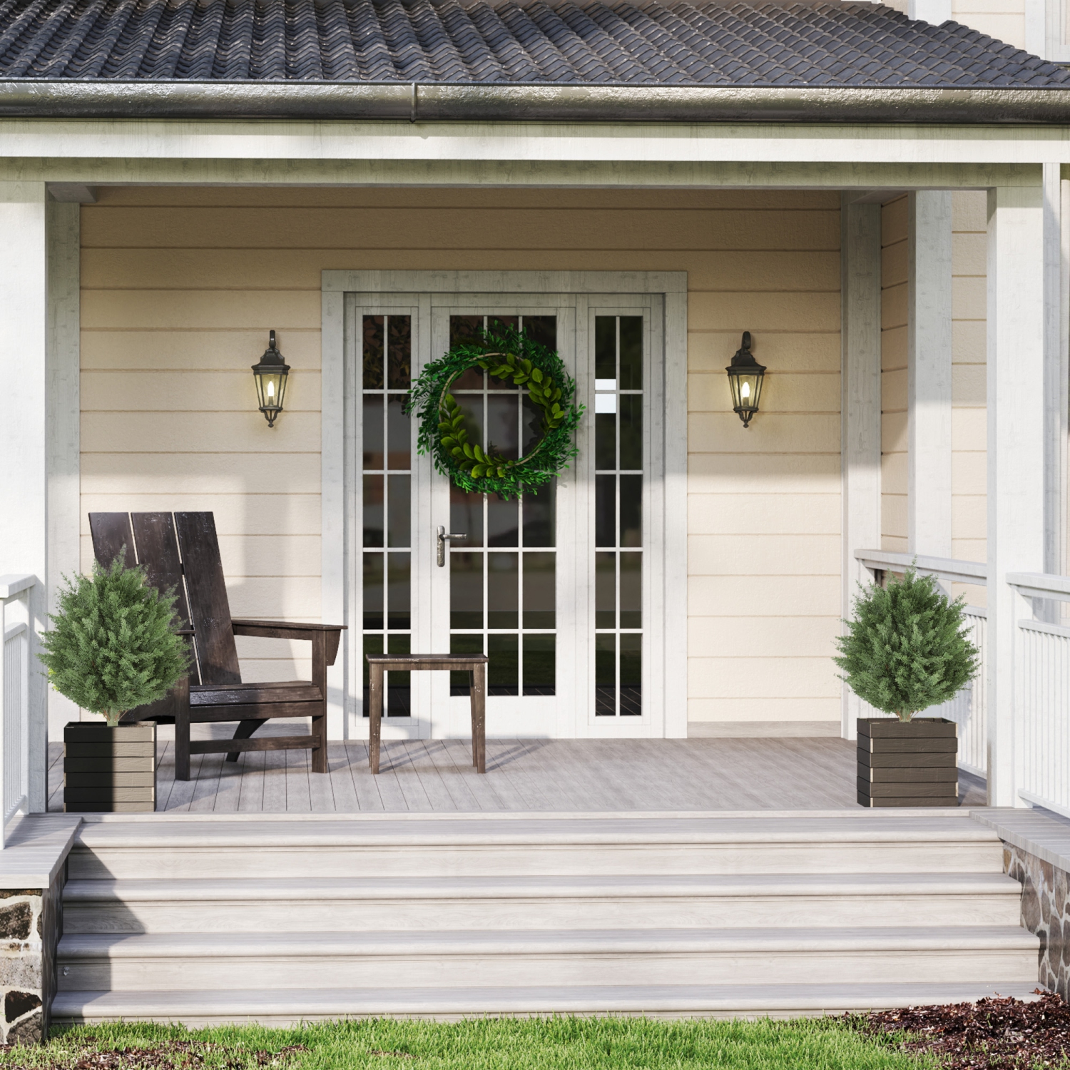 HOMCOM 24" Height Artificial Cypress Topiary Trees with Ground Stake, Set of 2 Artificial Plants, Fake Plants for Indoor Outdoor Front Porch Home