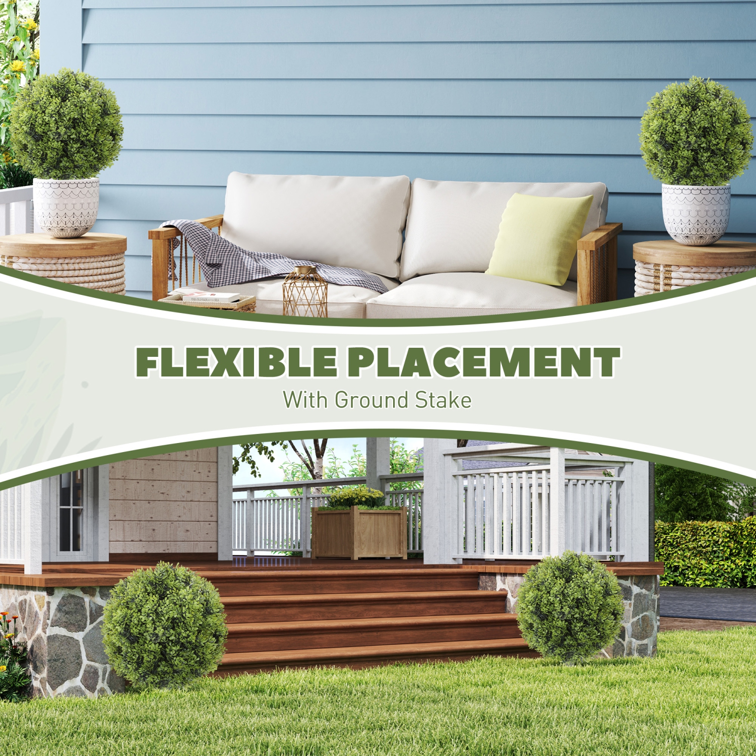 Buis artificiels à boules de buis 21,7" de HOMCOM, ensemble de 2 avec piquet intégré, buissons d'extérieur résistant aux UV Plantes de buis pour