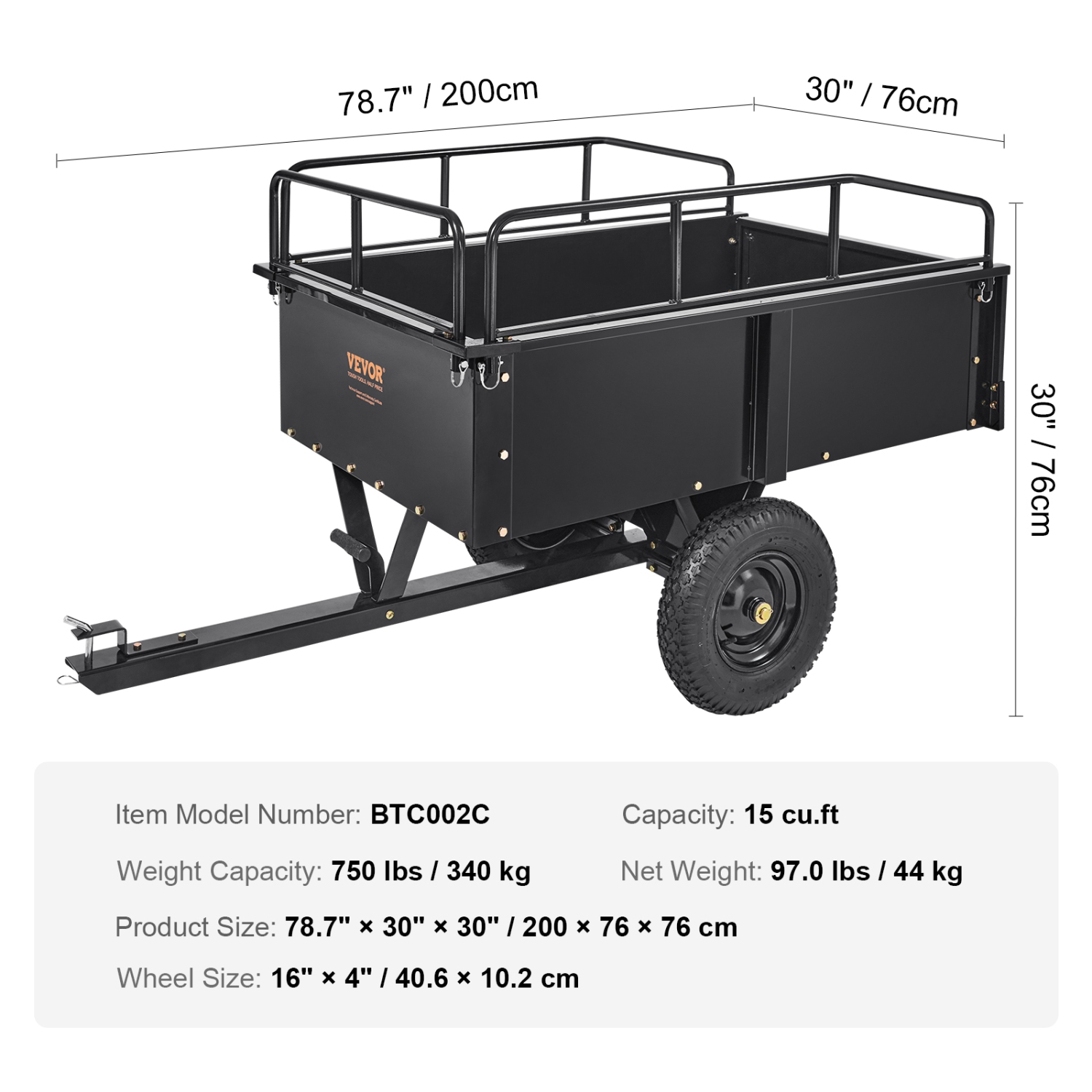 Chariot à benne en acier robuste de 750 lb pour VTT VEVOR, 15 pieds cubes, remorque utilitaire de jardin avec côtés amovibles pour tondeuse à gazon