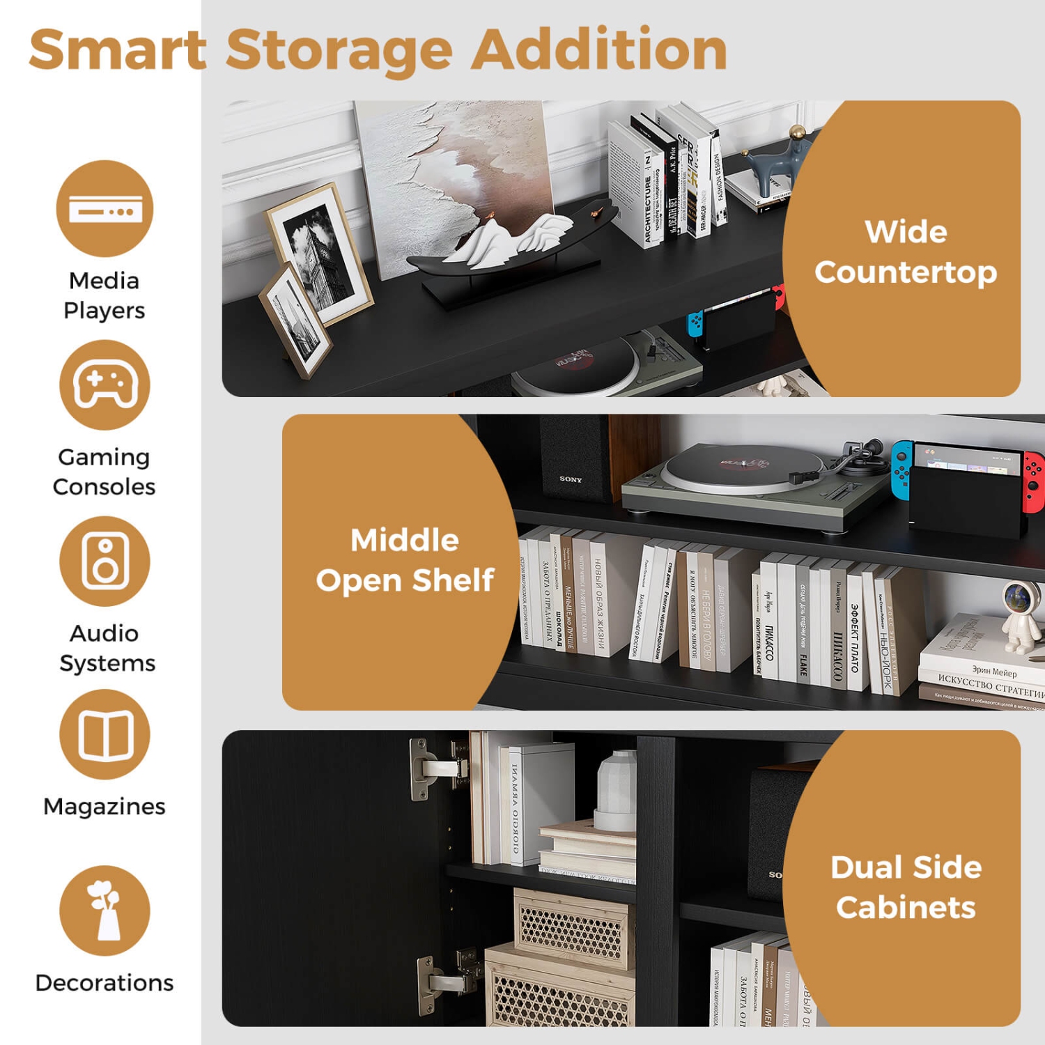 Meuble avec foyer de Costway pour téléviseur de 80&nbsp;po ou moins avec foyer électrique, 3 tablettes ajustables noir/blanc