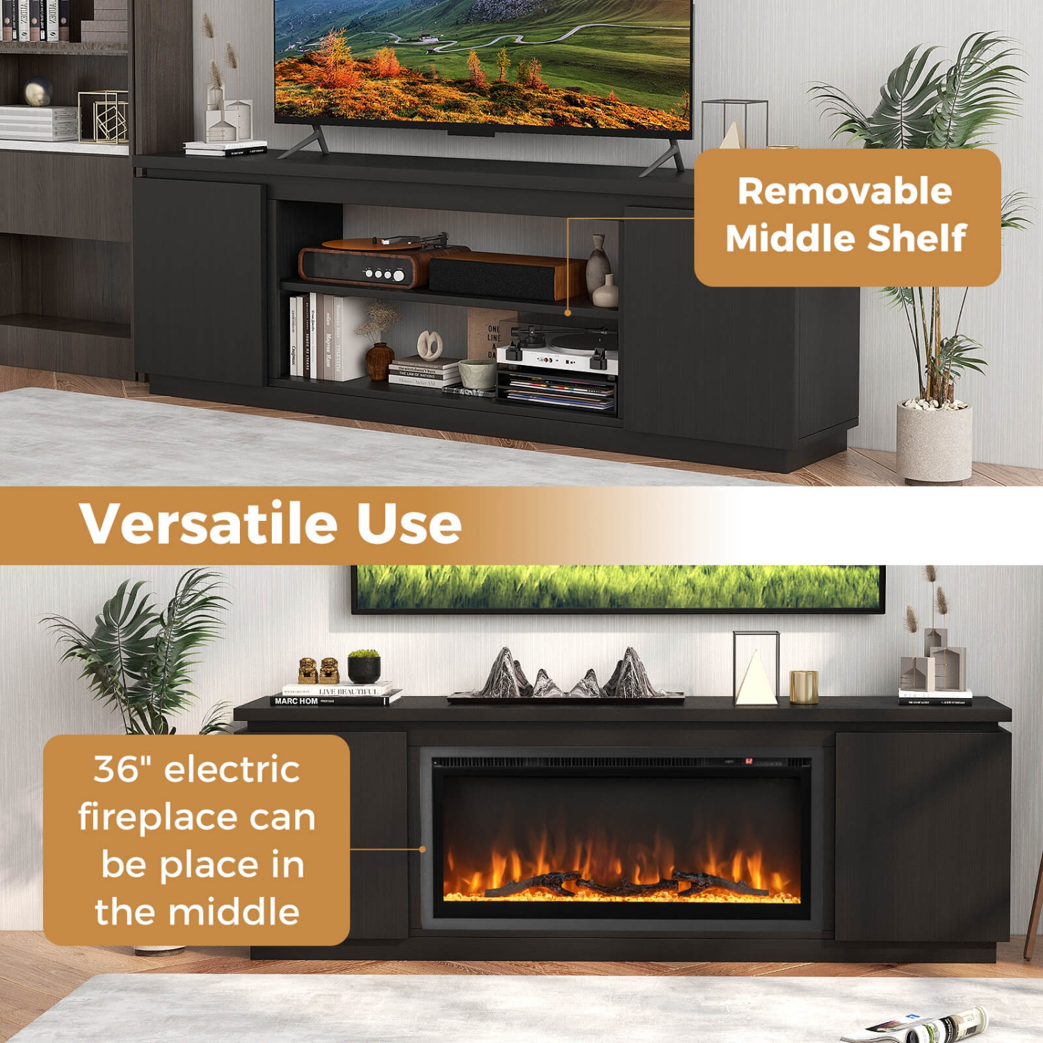 Meuble avec foyer de Costway pour téléviseur de 80&nbsp;po ou moins avec foyer électrique, 3 tablettes ajustables noir/blanc