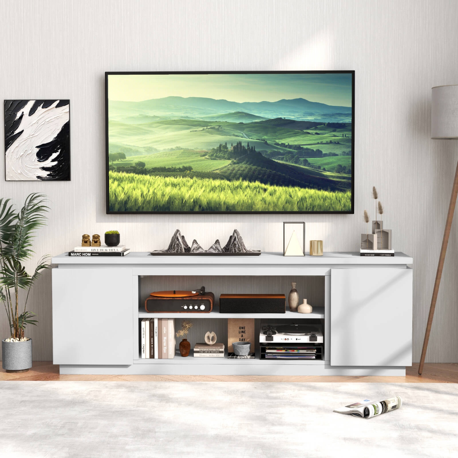 Meuble avec foyer de Costway pour téléviseur de 80&nbsp;po ou moins avec foyer électrique, 3 tablettes ajustables noir/blanc